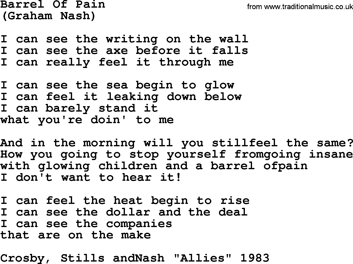 The Byrds song Barrel Of Pain, lyrics