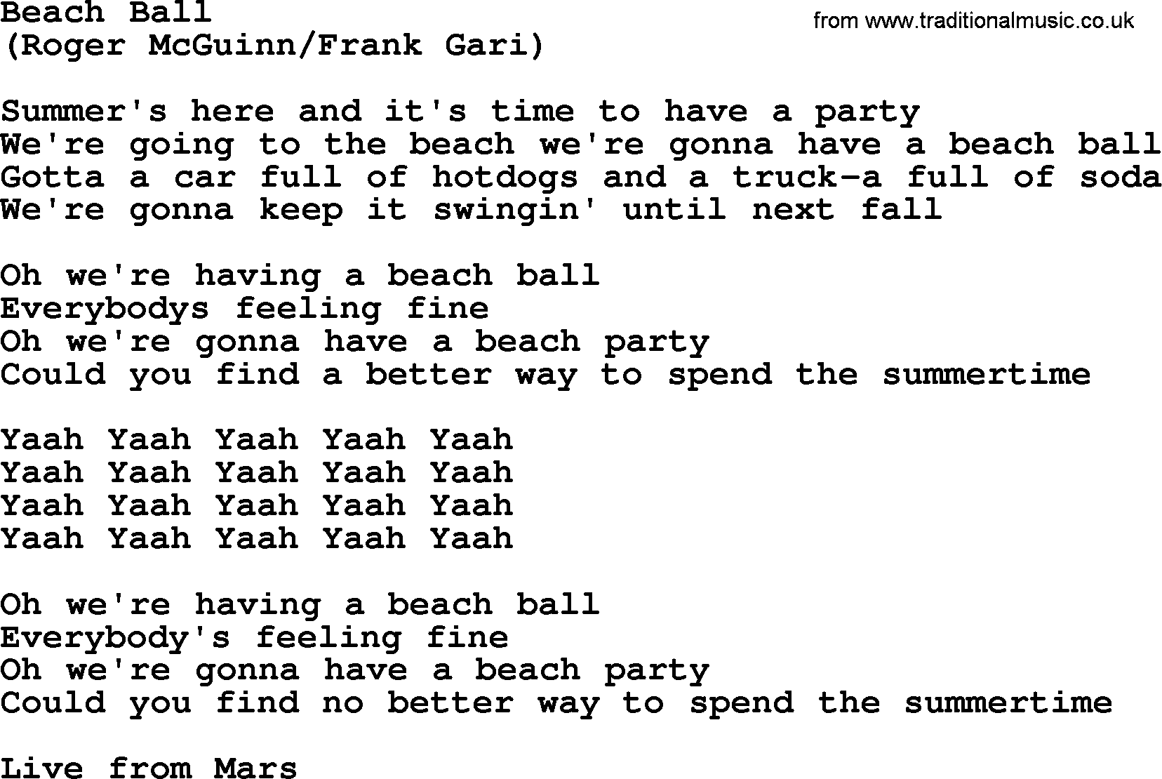 The Byrds song Beach Ball, lyrics