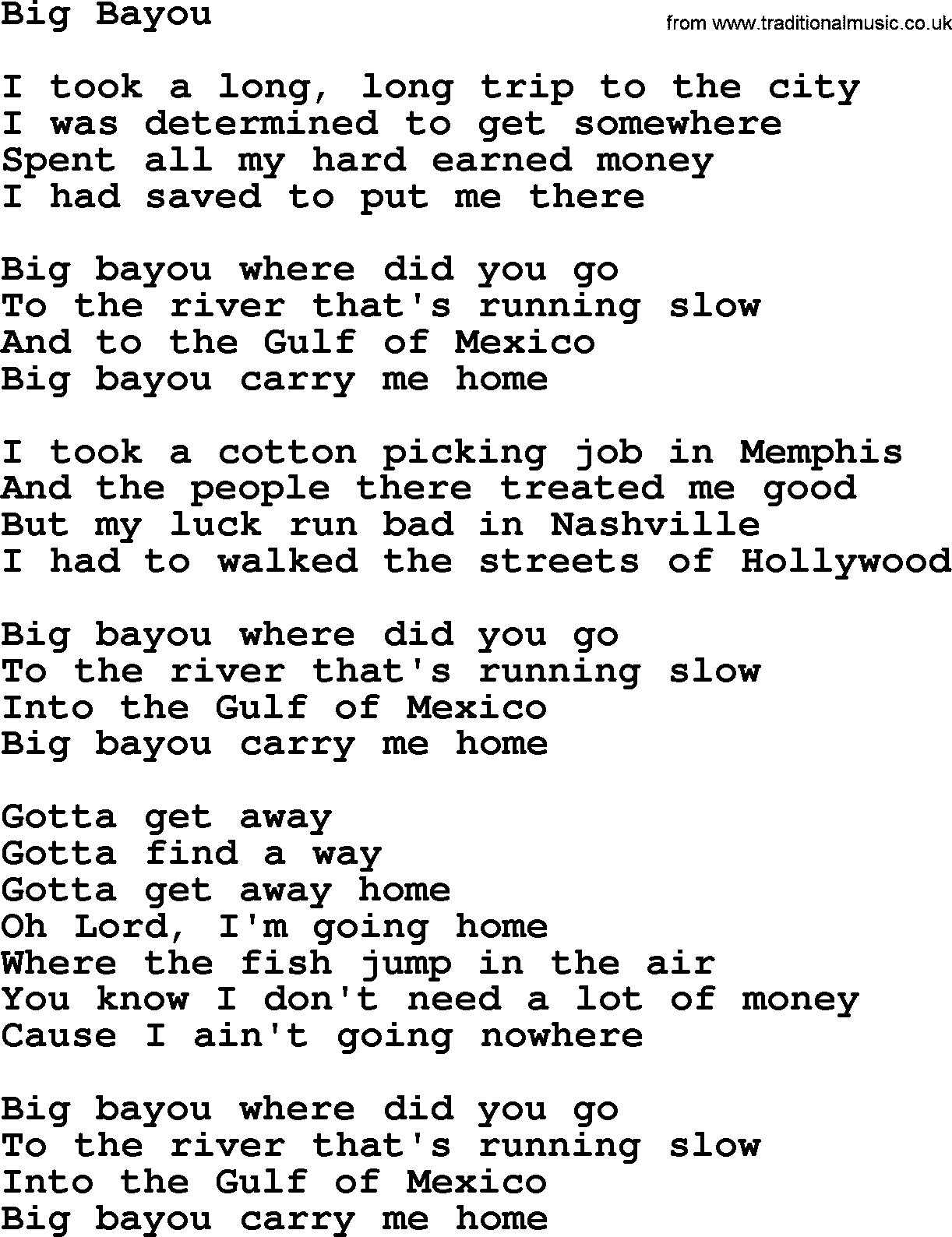 The Byrds song Big Bayou, lyrics