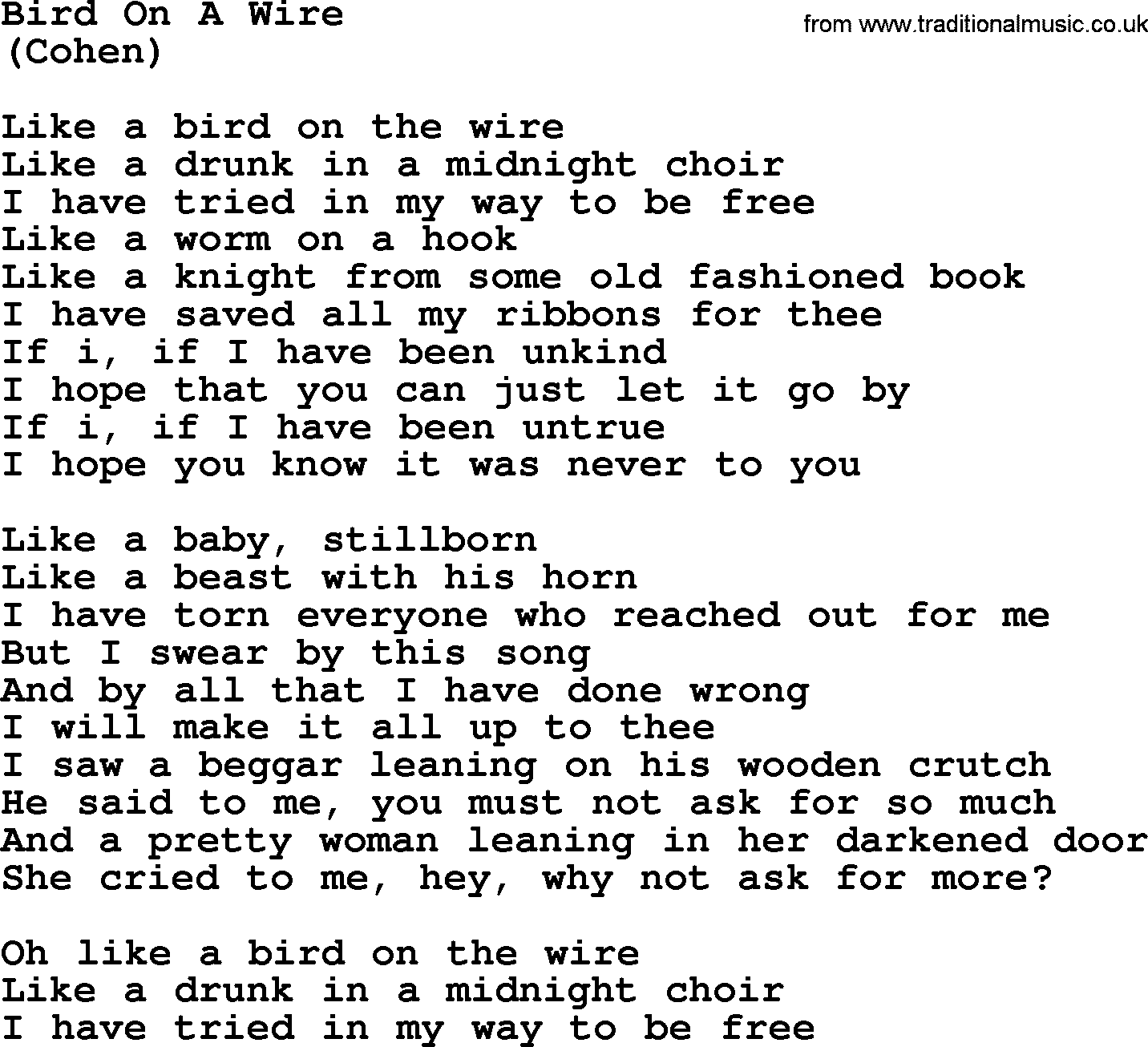 The Byrds song Bird On A Wire, lyrics