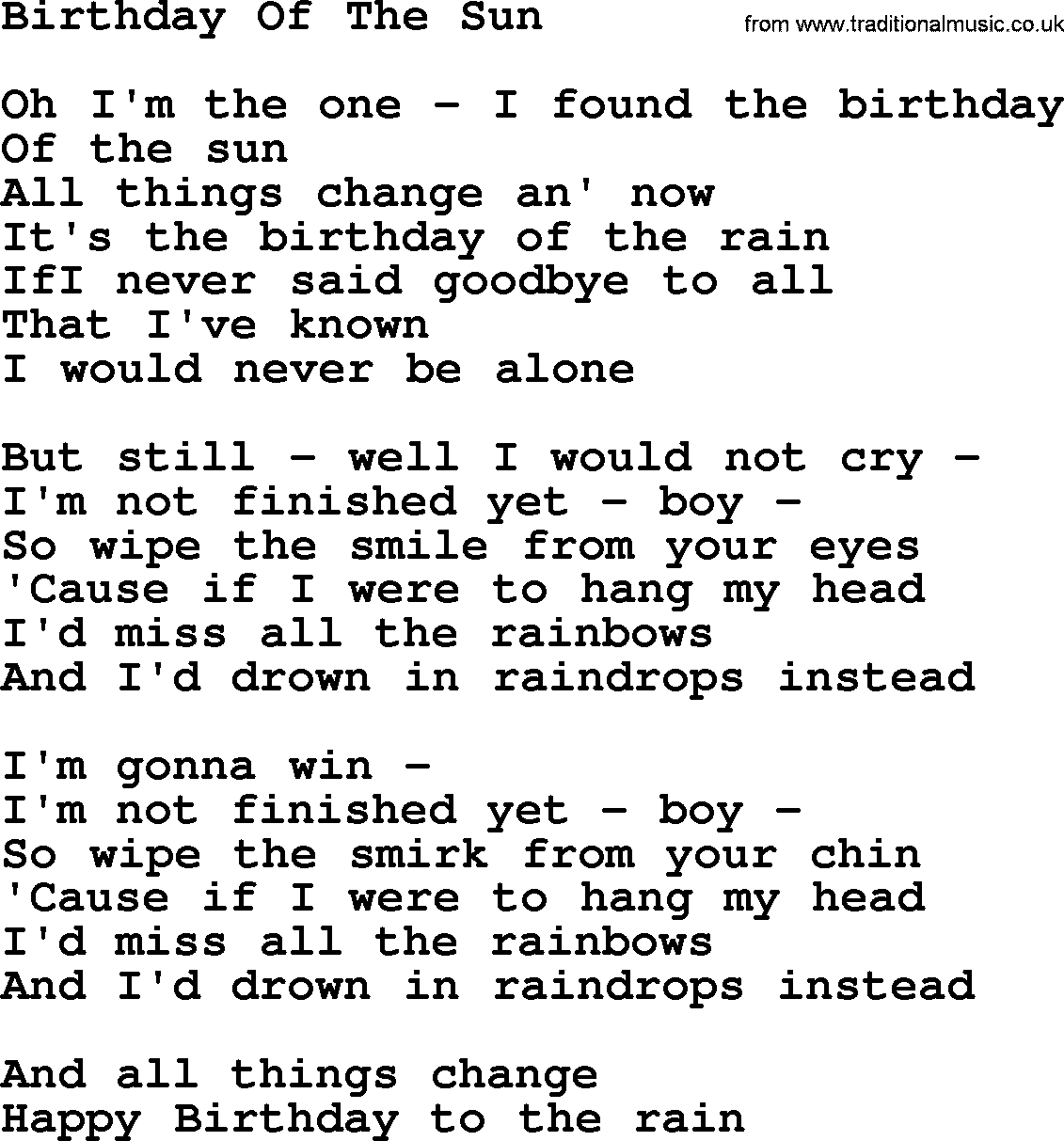 The Byrds song Birthday Of The Sun, lyrics