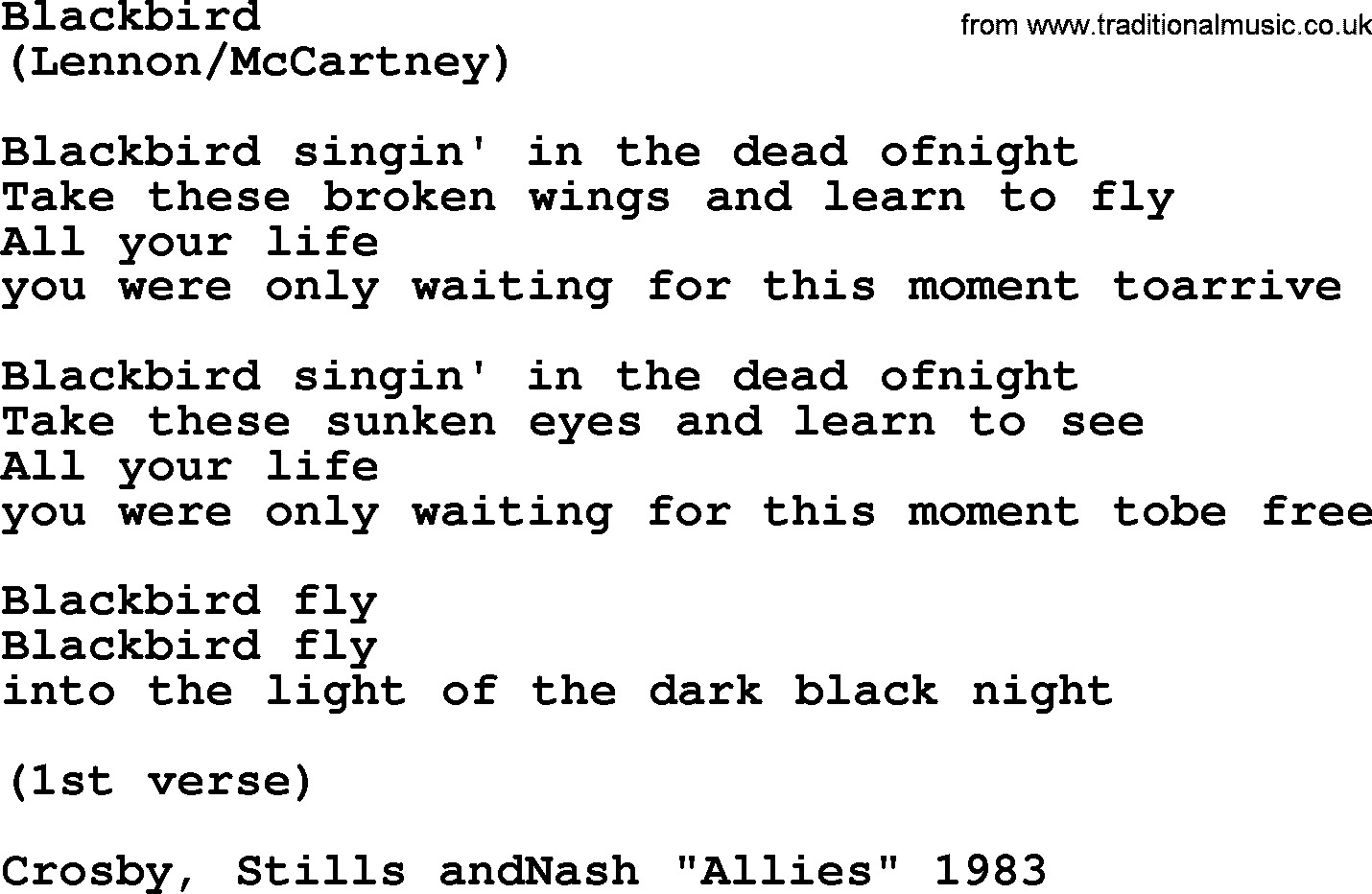The Byrds song Blackbird, lyrics