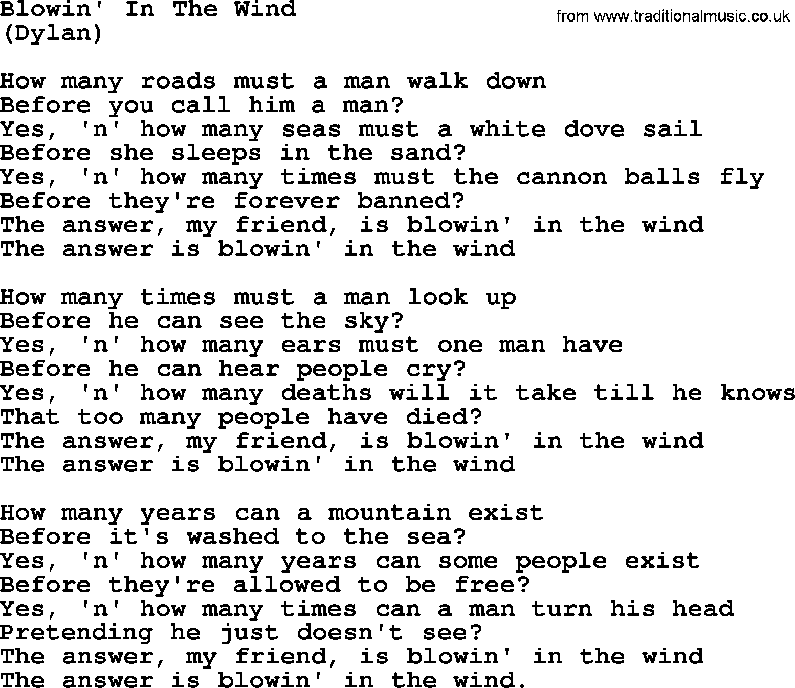 The Byrds song Blowin' In The Wind, lyrics