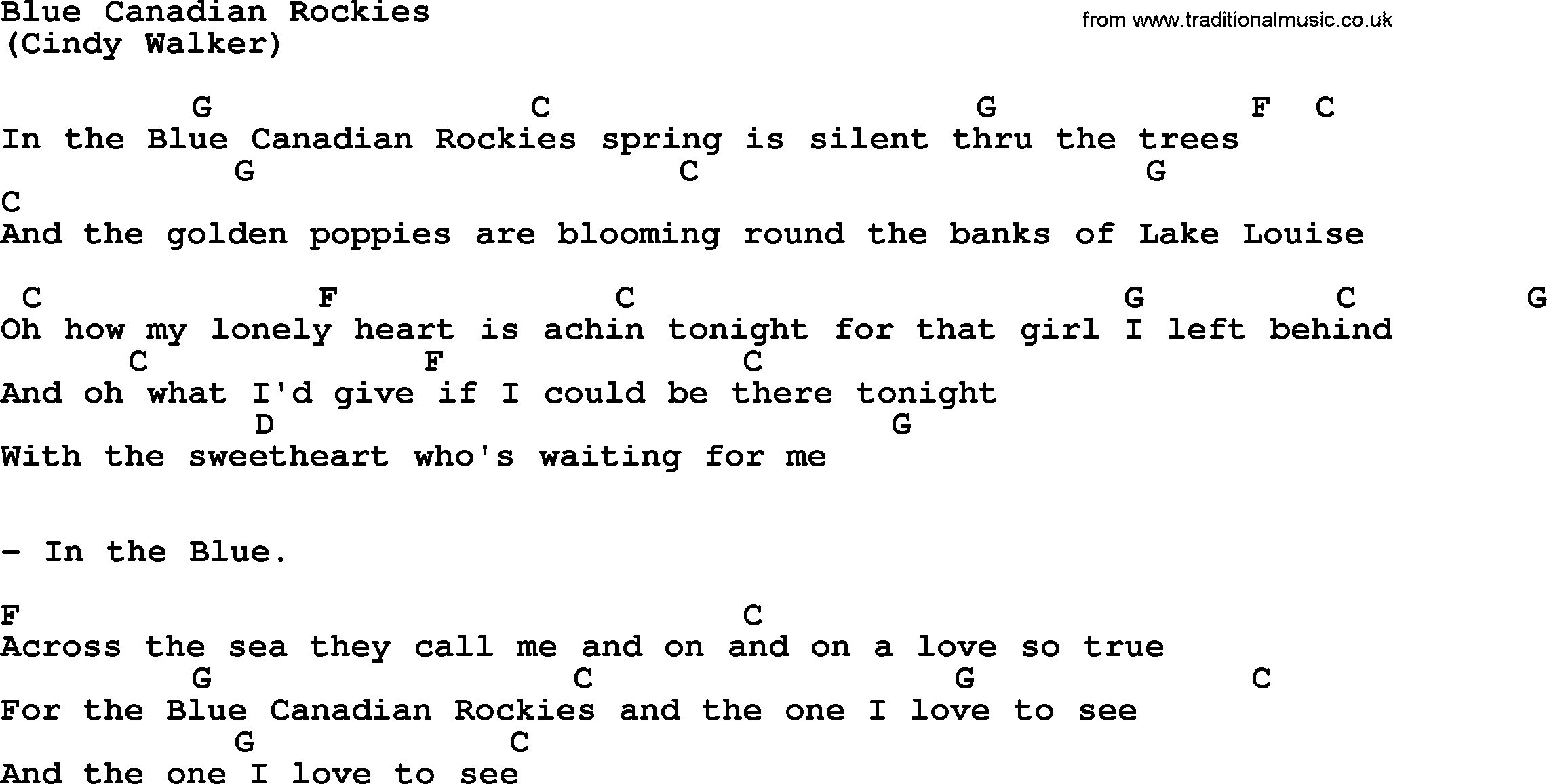 The Byrds song Blue Canadian Rockies, lyrics and chords