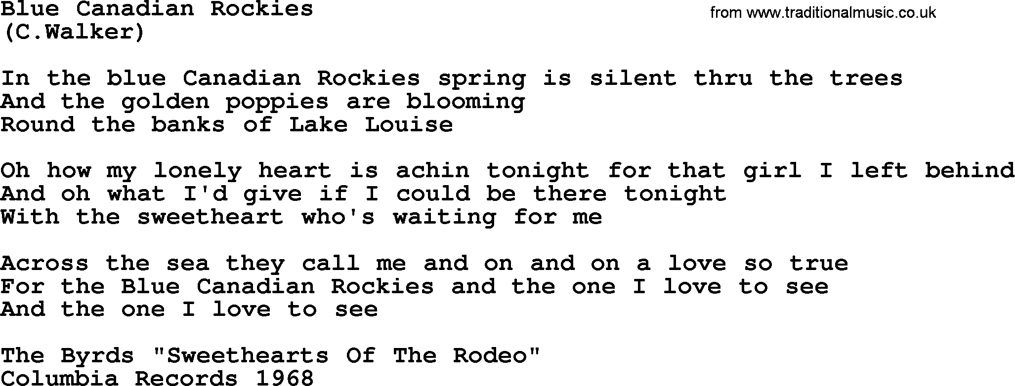 The Byrds song Blue Canadian Rockies, lyrics
