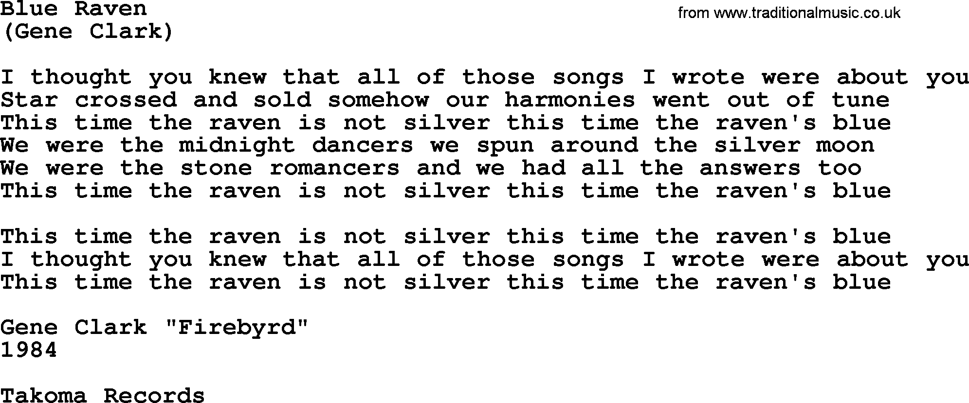 The Byrds song Blue Raven, lyrics