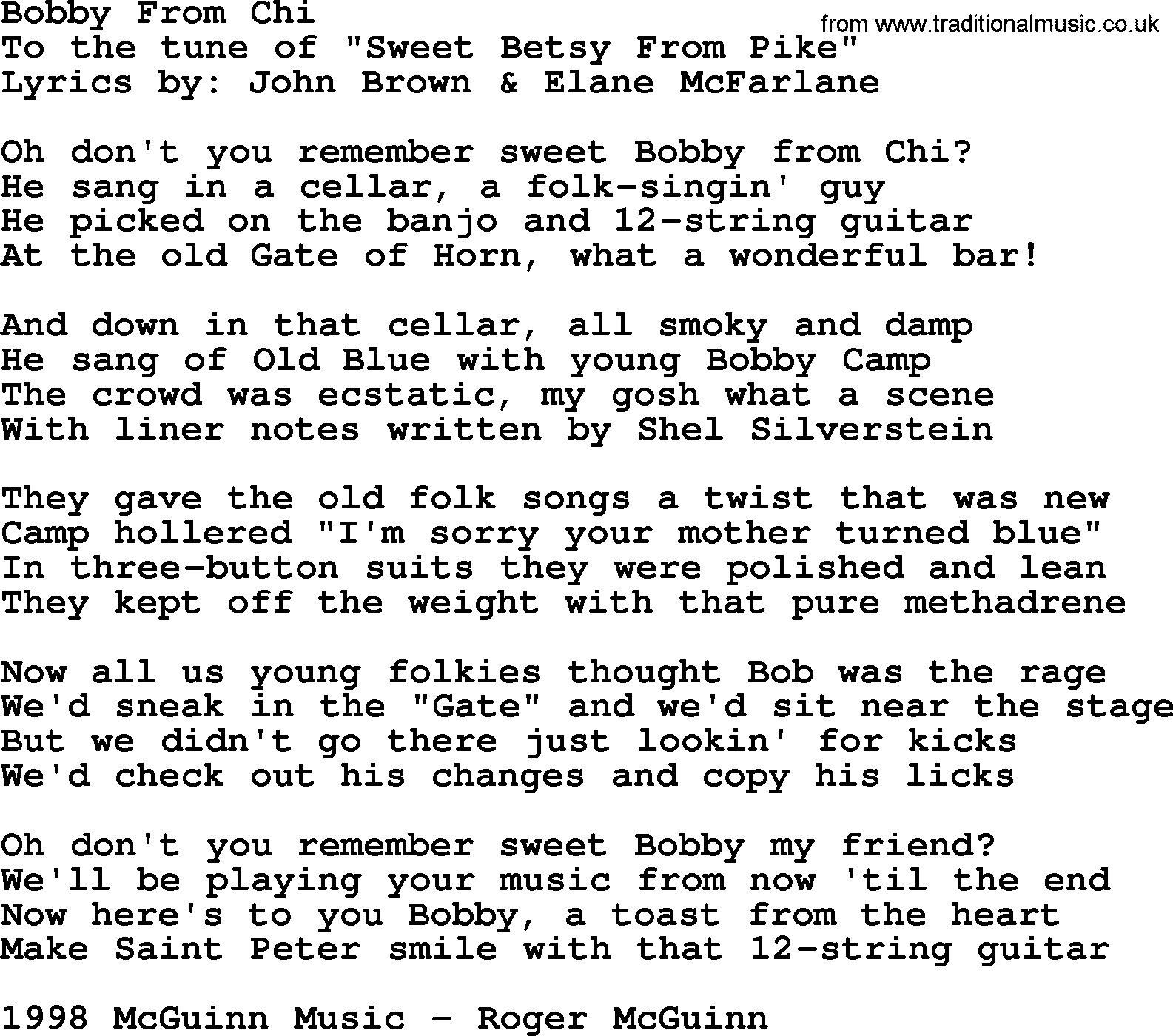 The Byrds song Bobby From Chi, lyrics