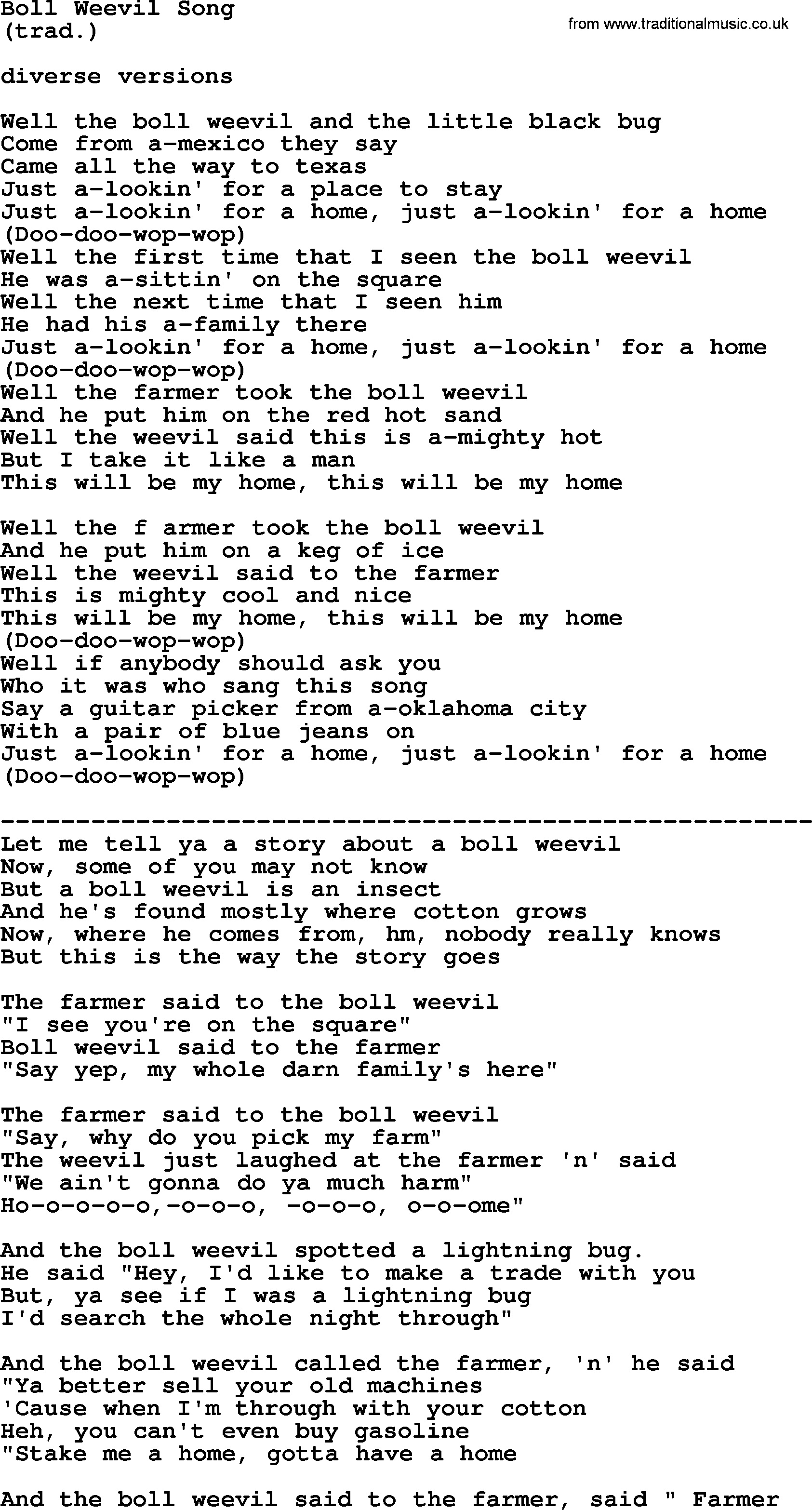 The Byrds song Boll Weevil Song, lyrics