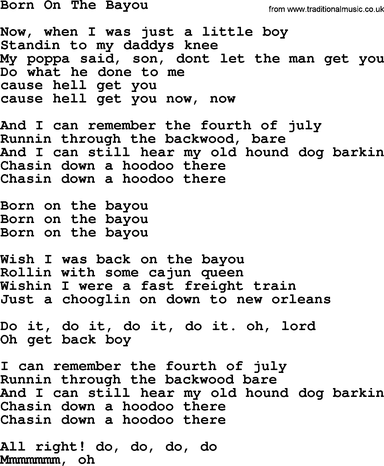 The Byrds song Born On The Bayou, lyrics