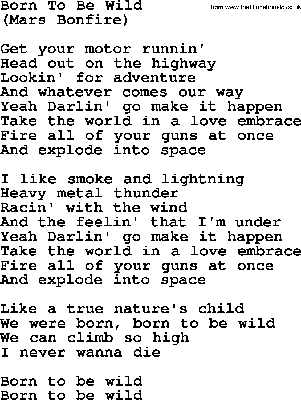 The Byrds song Born To Be Wild, lyrics