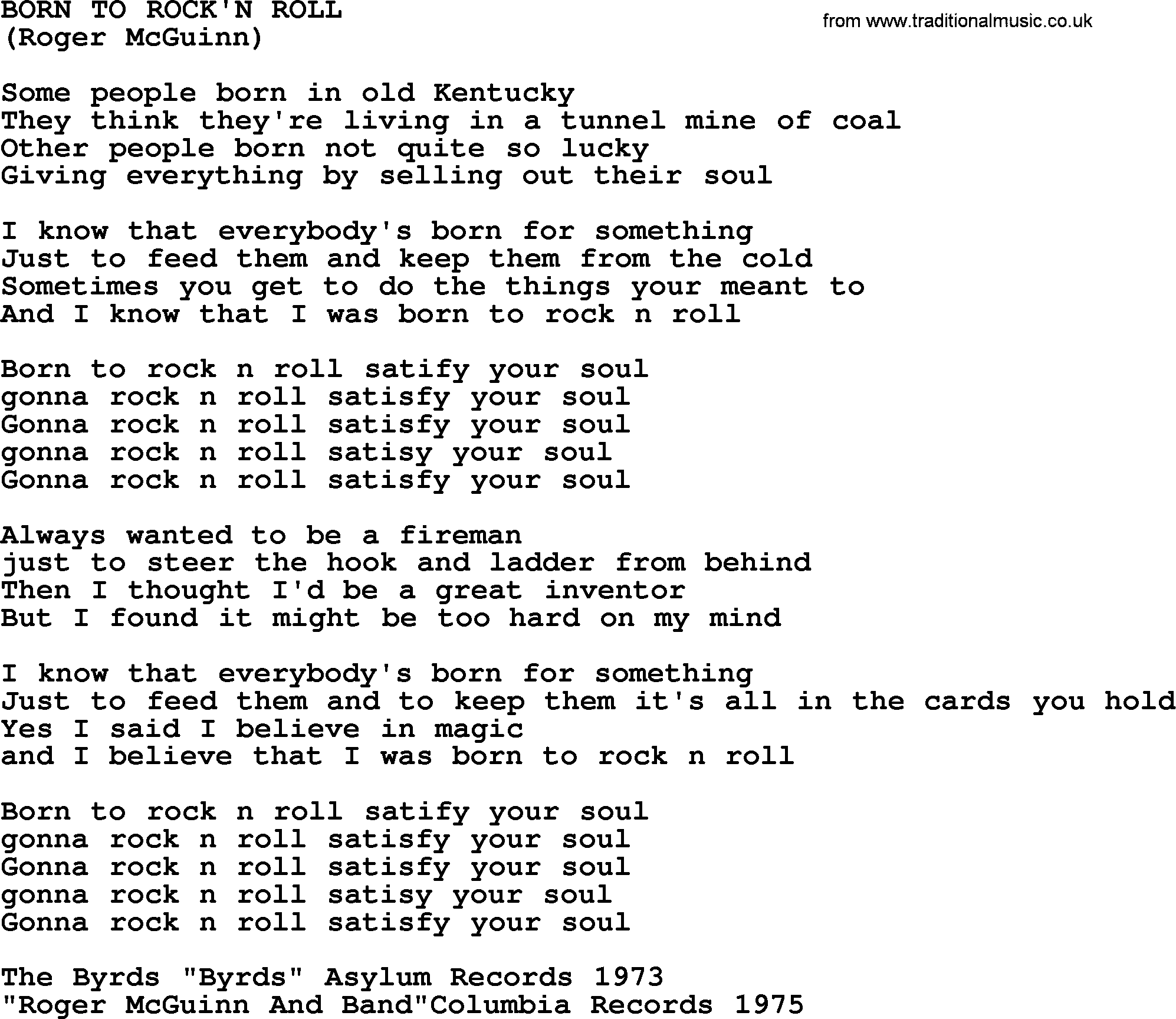 The Byrds song Born To Rock'n Roll, lyrics