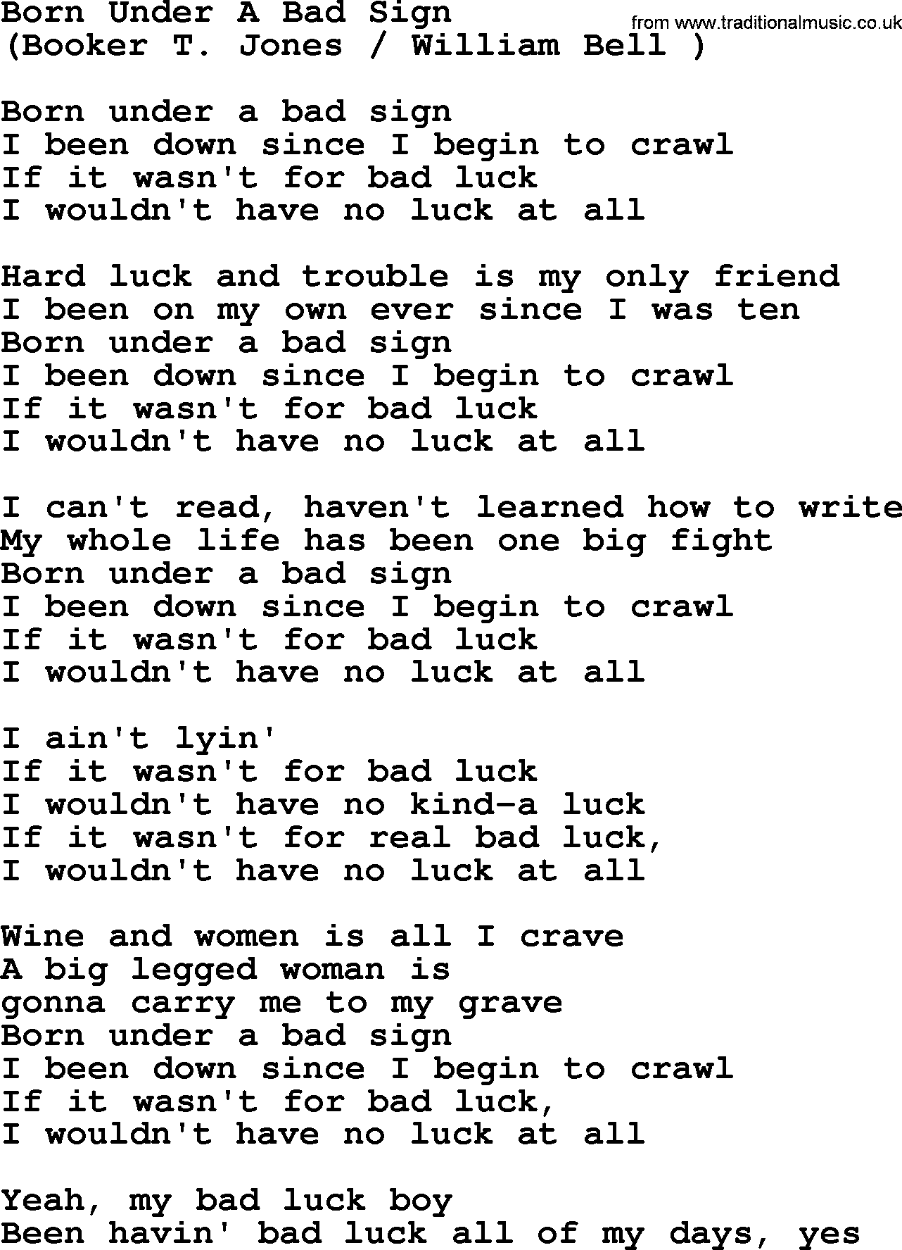 The Byrds song Born Under A Bad Sign, lyrics