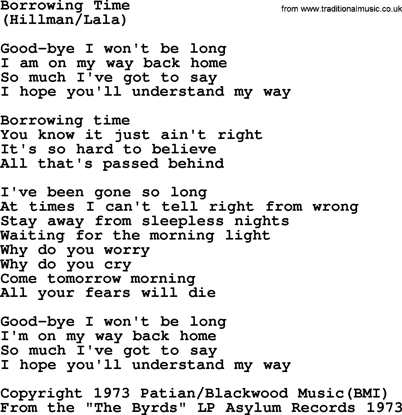 The Byrds song Borrowing Time, lyrics