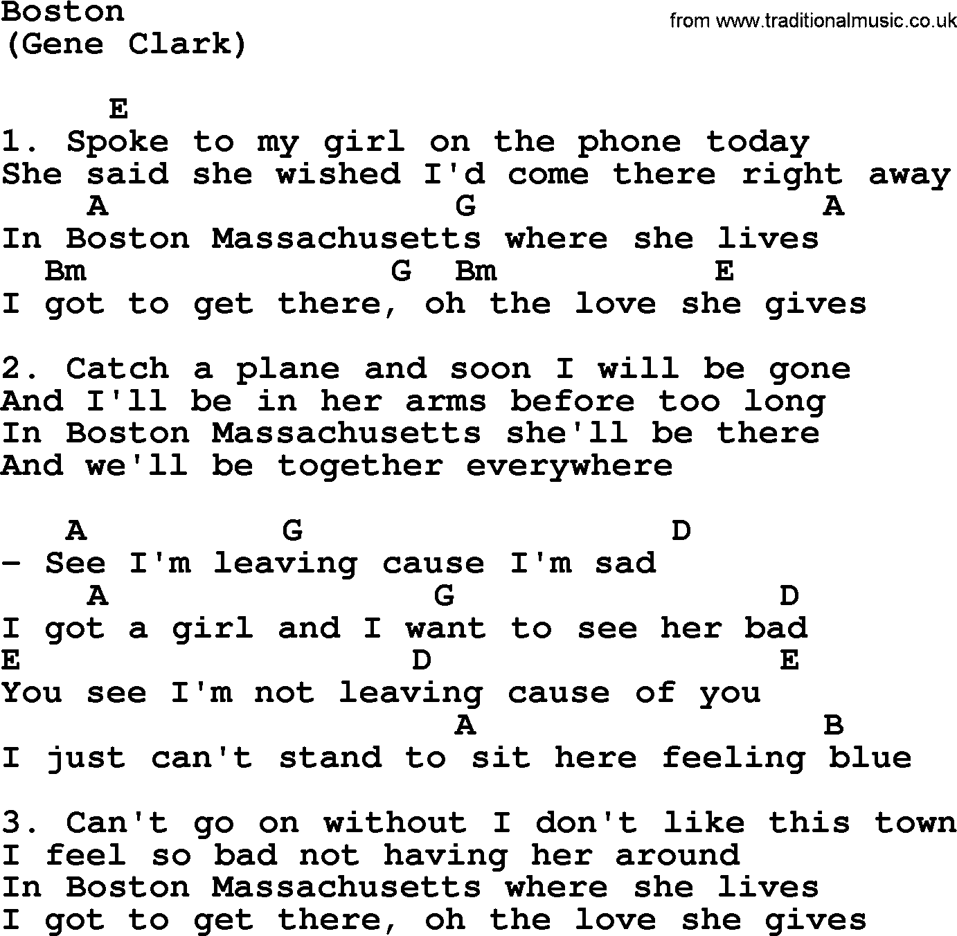 The Byrds song Boston, lyrics and chords