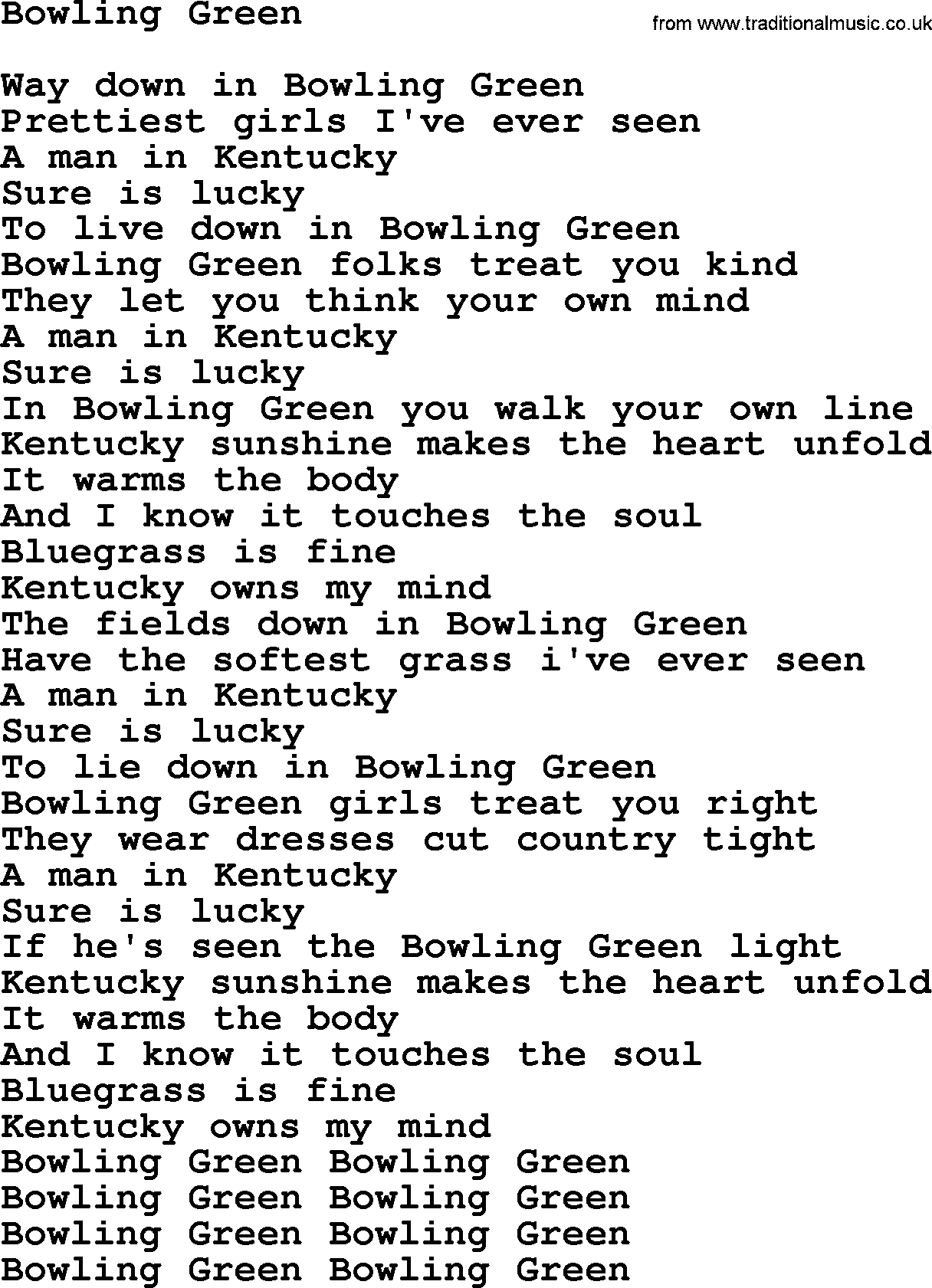 The Byrds song Bowling Green, lyrics