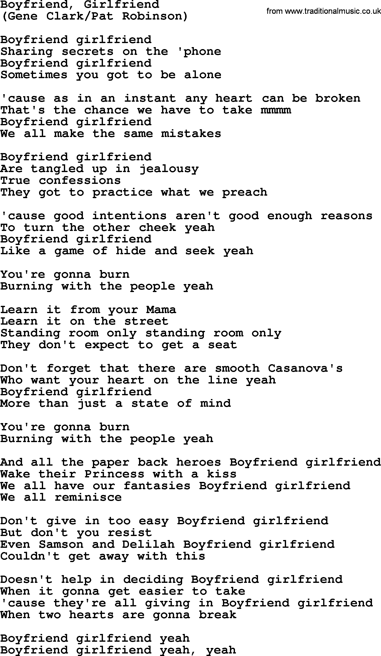 The Byrds song Boyfriend, Girlfriend, lyrics