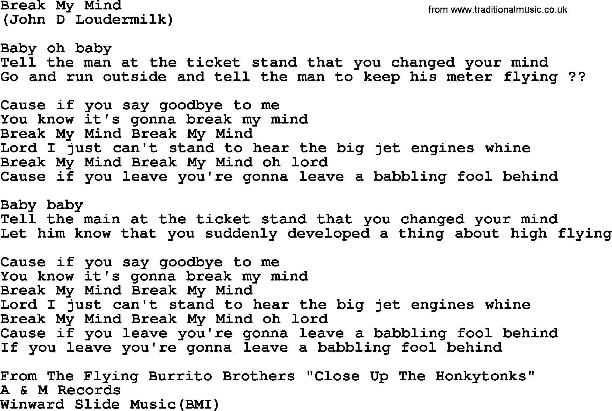 The Byrds song Break My Mind, lyrics
