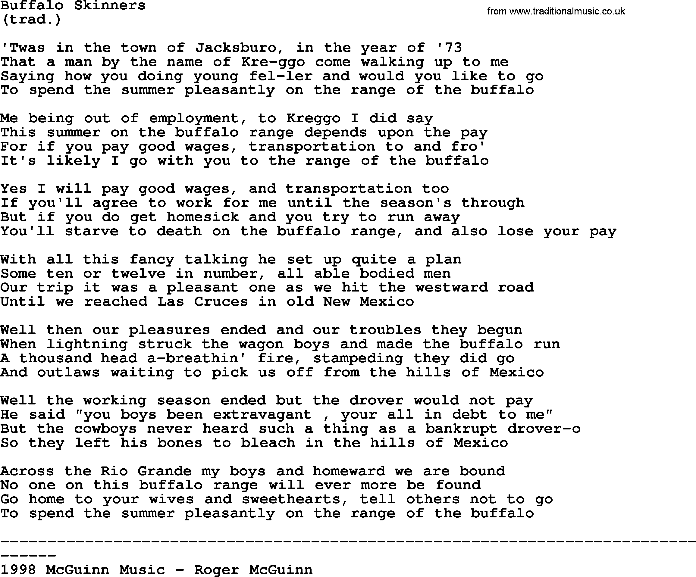 The Byrds song Buffalo Skinners, lyrics