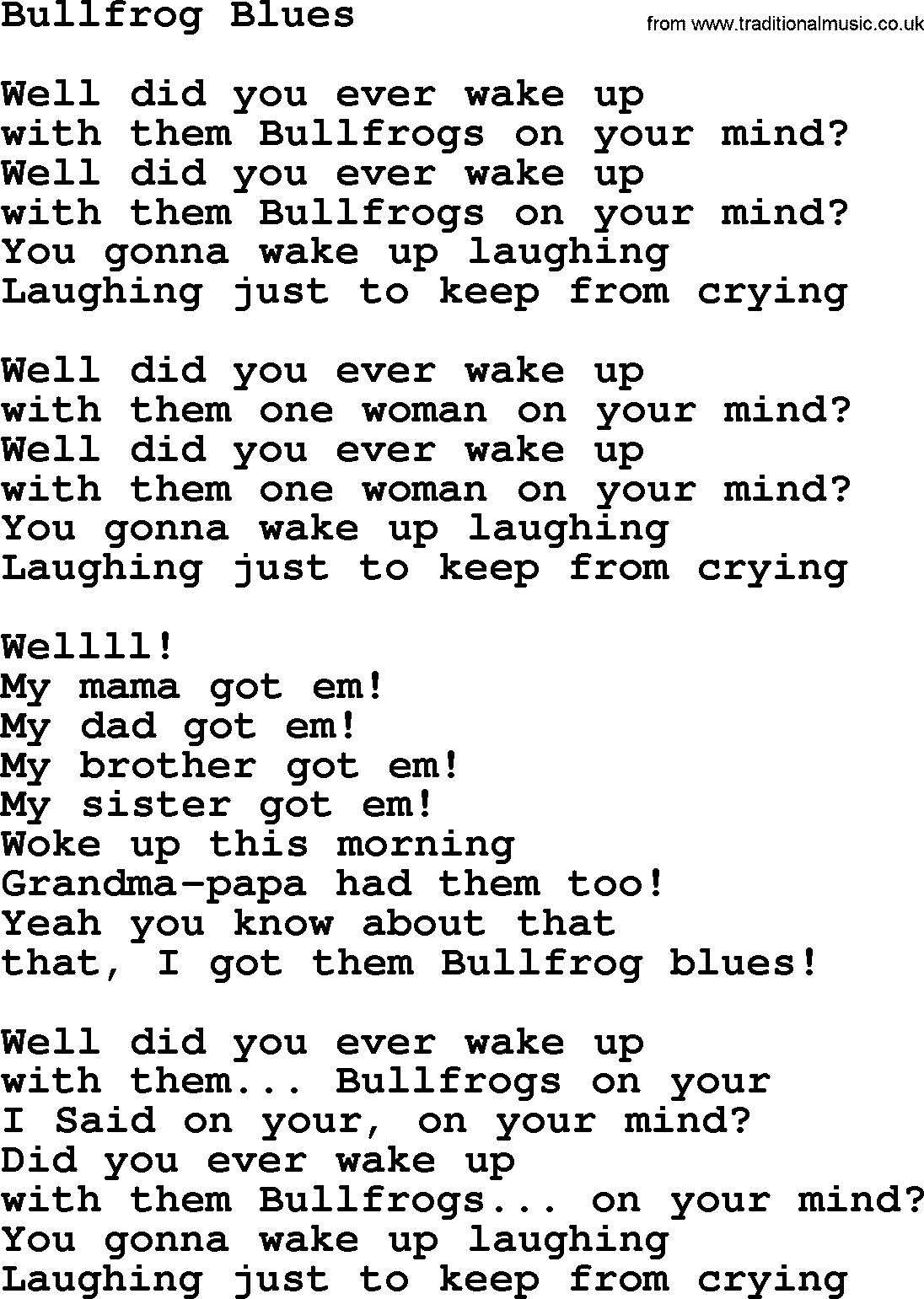 The Byrds song Bullfrog Blues, lyrics