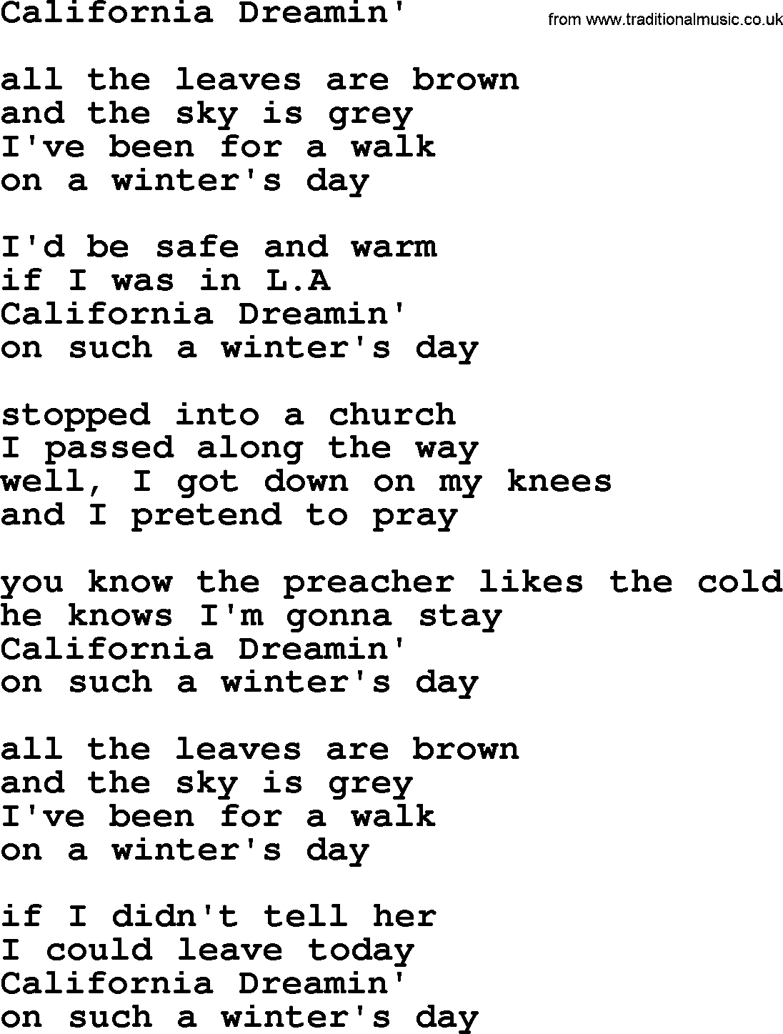 The Byrds song California Dreamin', lyrics
