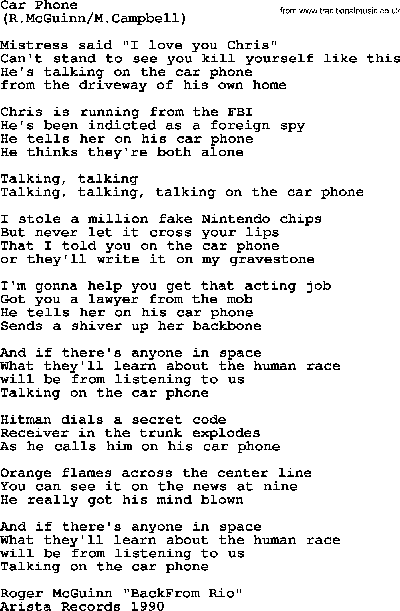The Byrds song Car Phone, lyrics