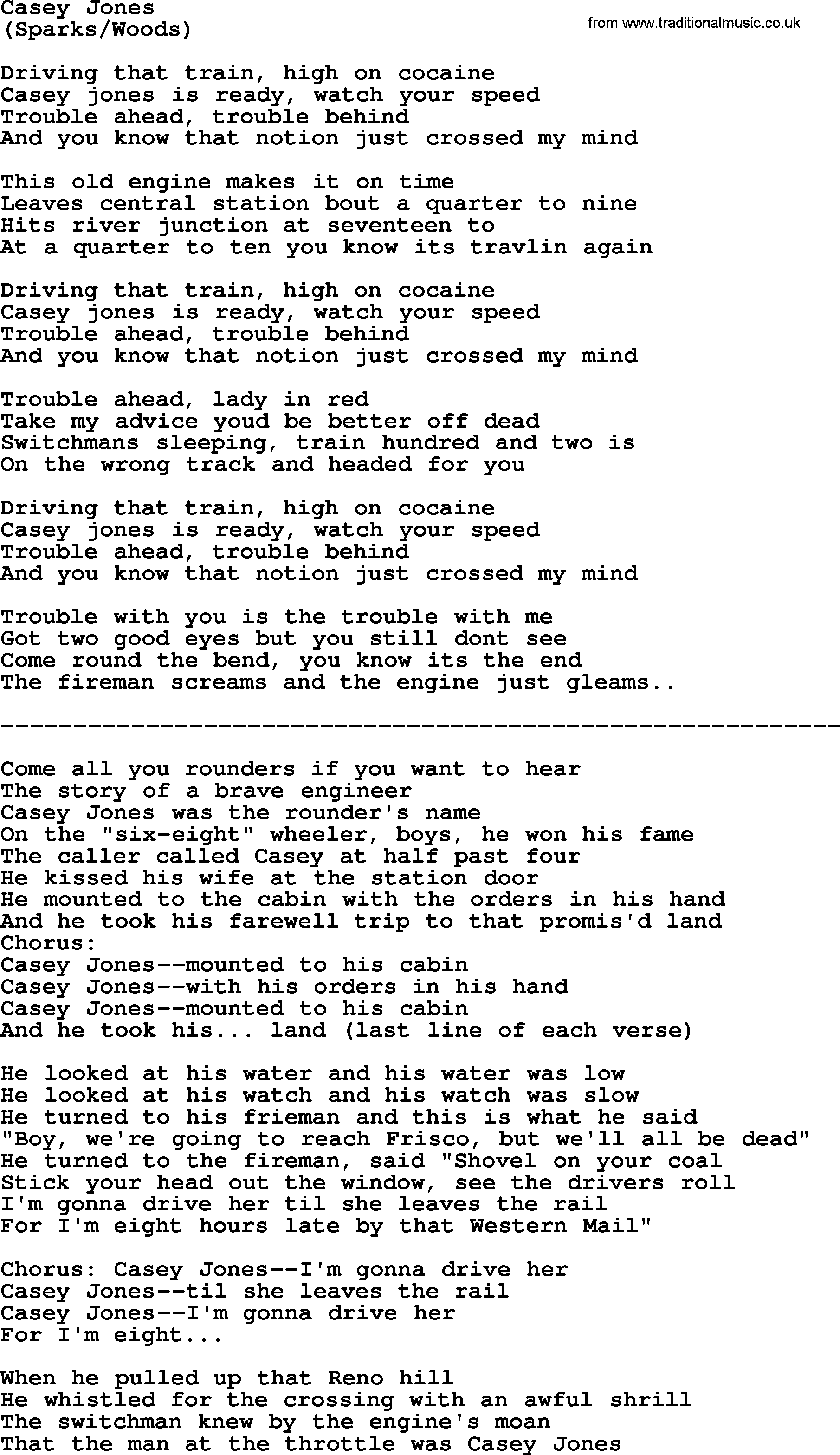 The Byrds song Casey Jones, lyrics
