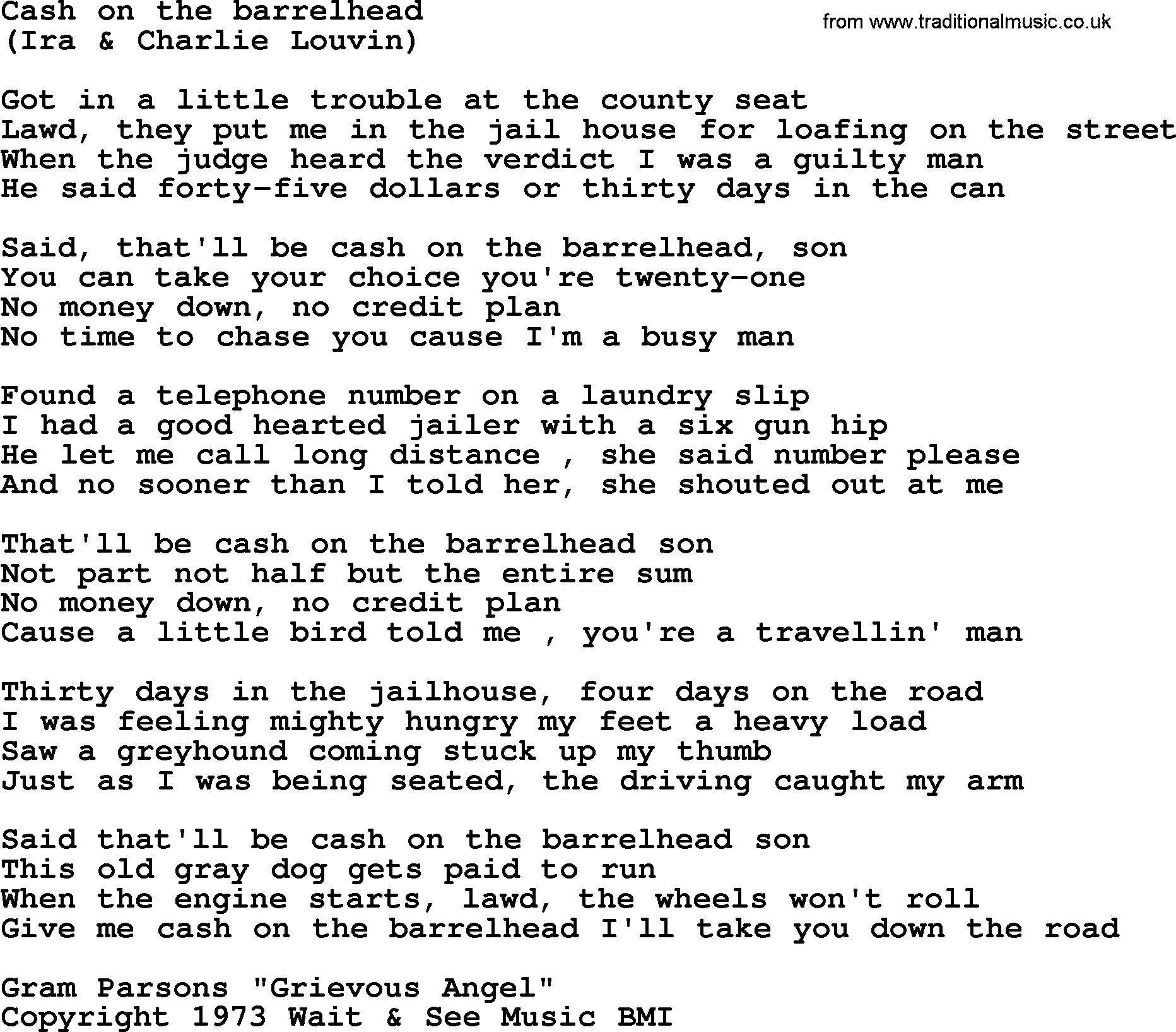 The Byrds song Cash On The Barrelhead, lyrics