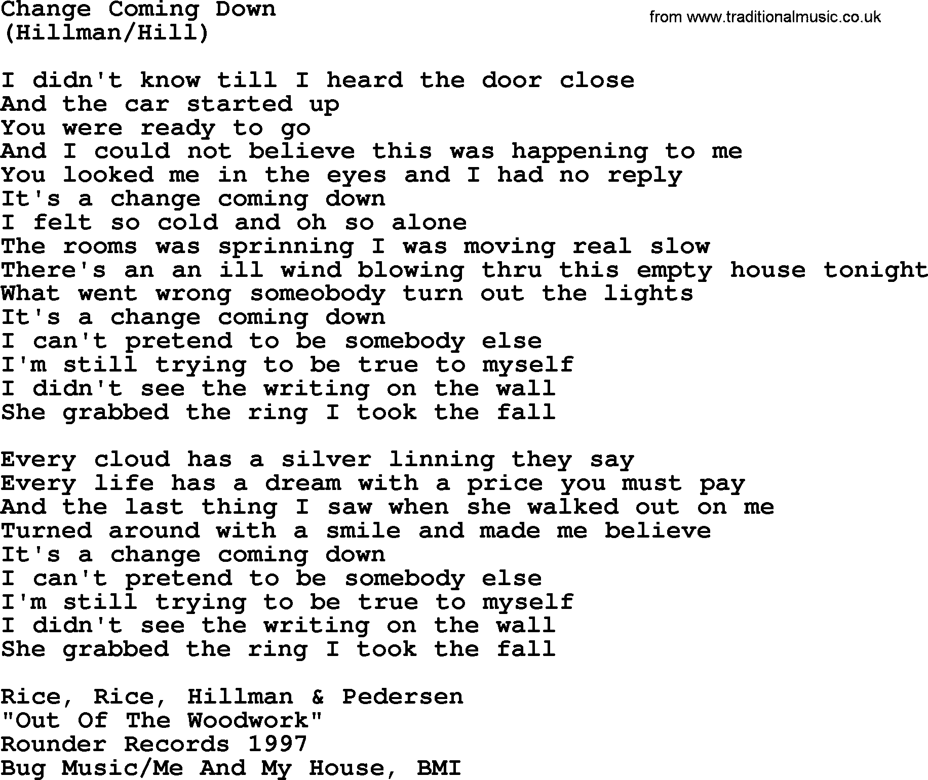 The Byrds song Change Coming Down, lyrics