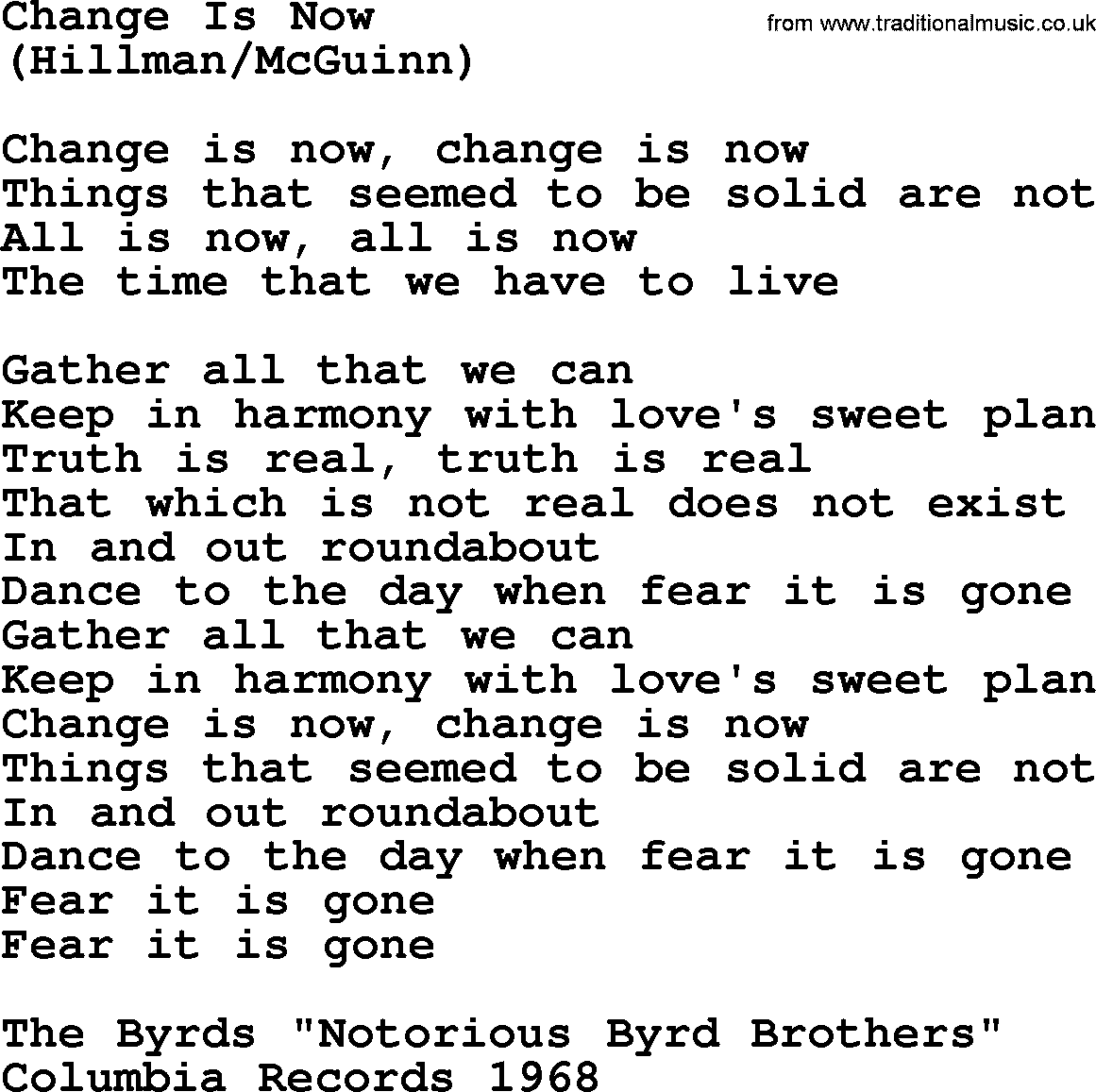 The Byrds song Change Is Now, lyrics