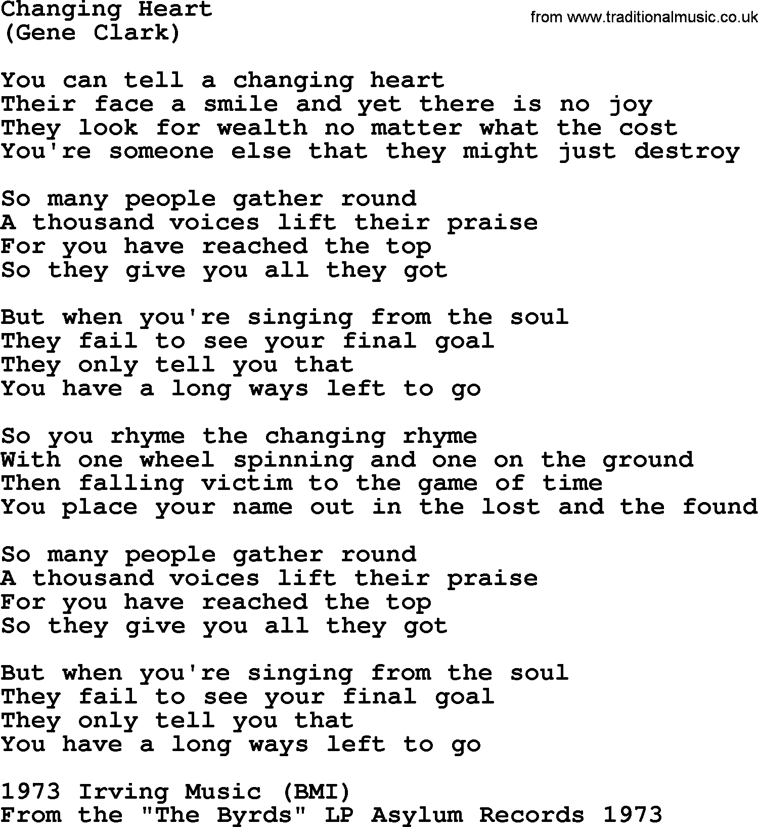 The Byrds song Changing Heart, lyrics