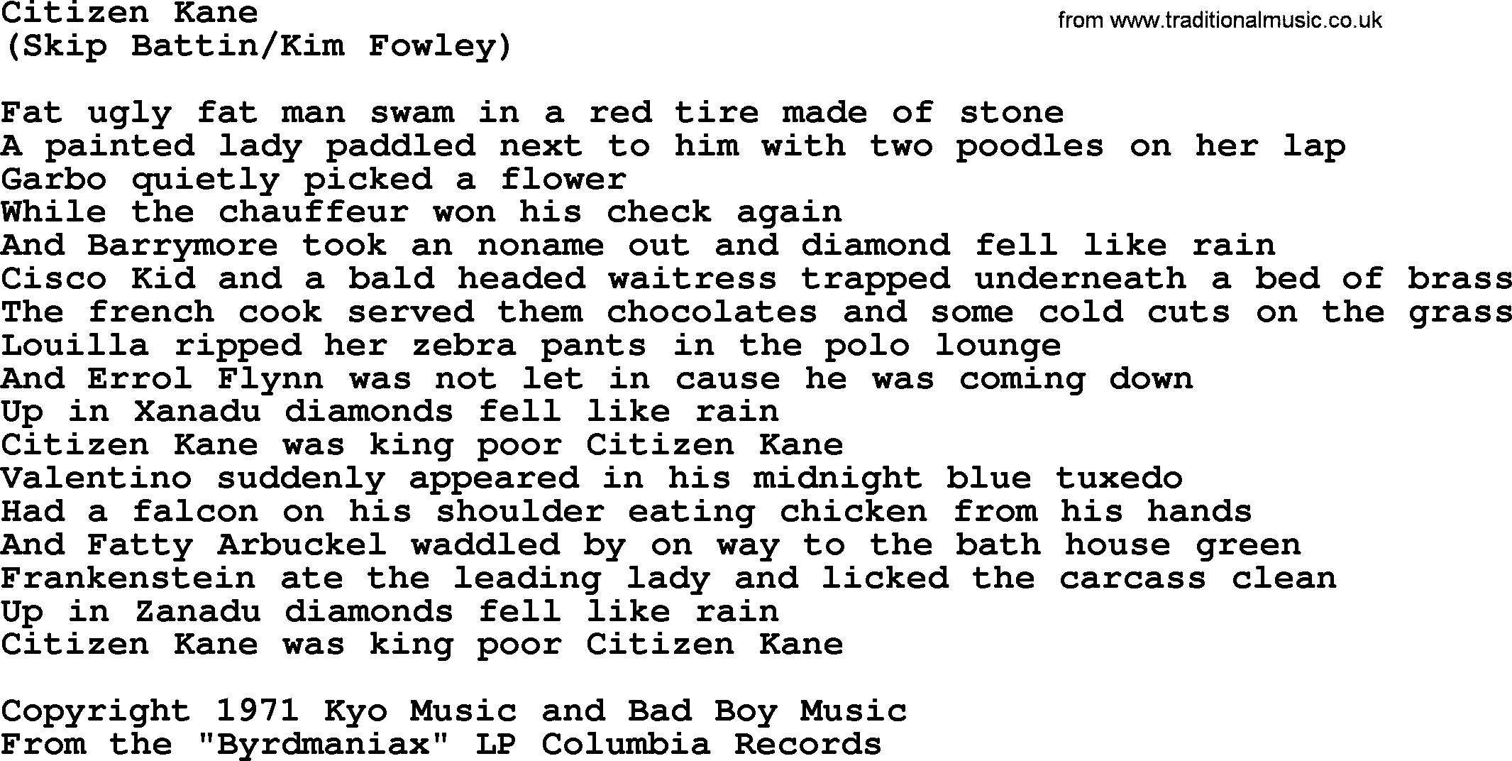 The Byrds song Citizen Kane, lyrics