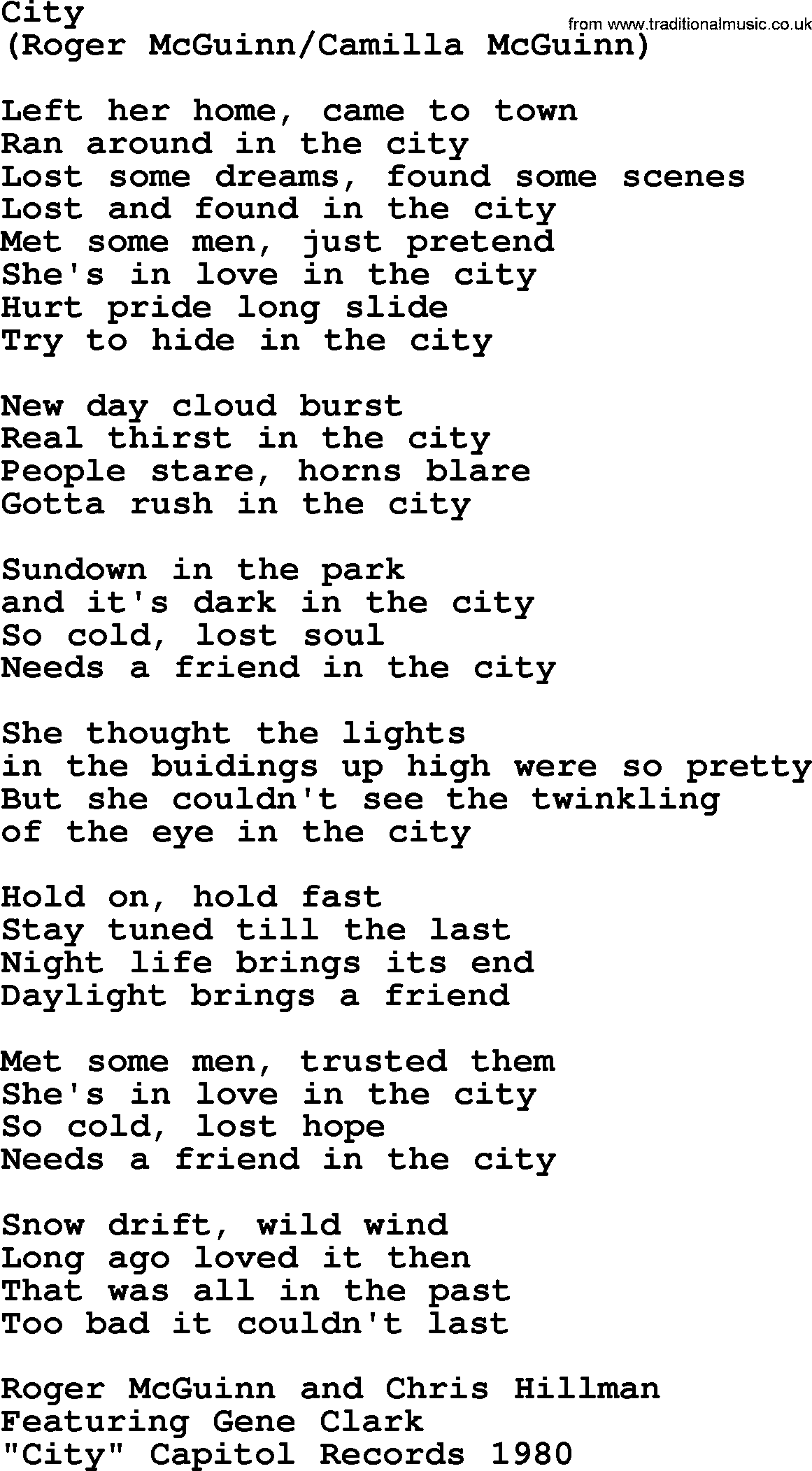 The Byrds song City, lyrics