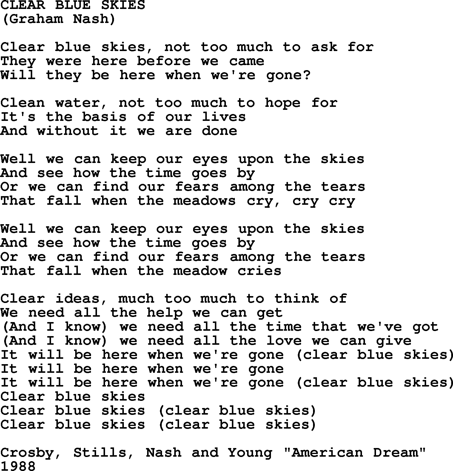 The Byrds song Clear Blue Skies, lyrics