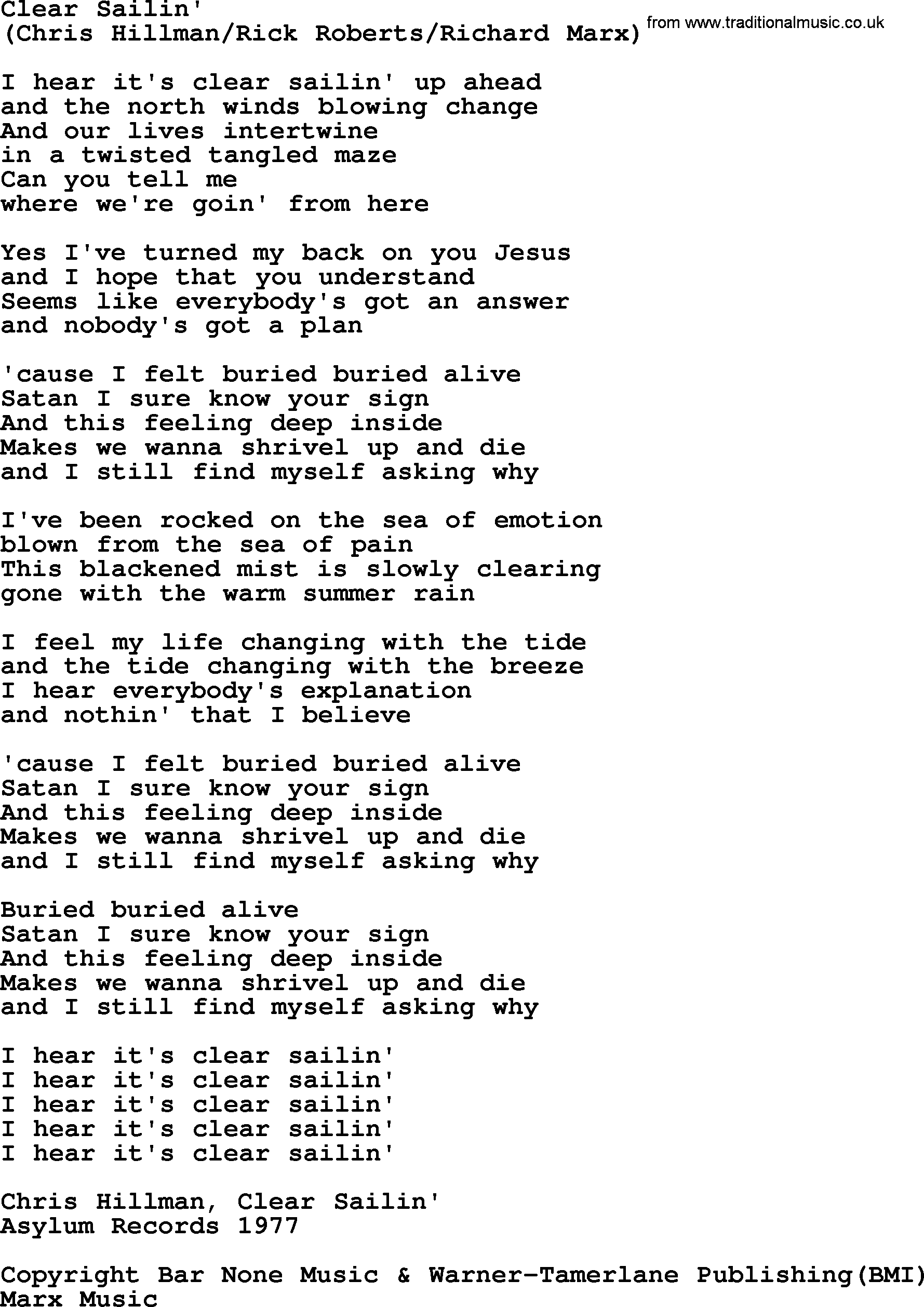 The Byrds song Clear Sailin', lyrics