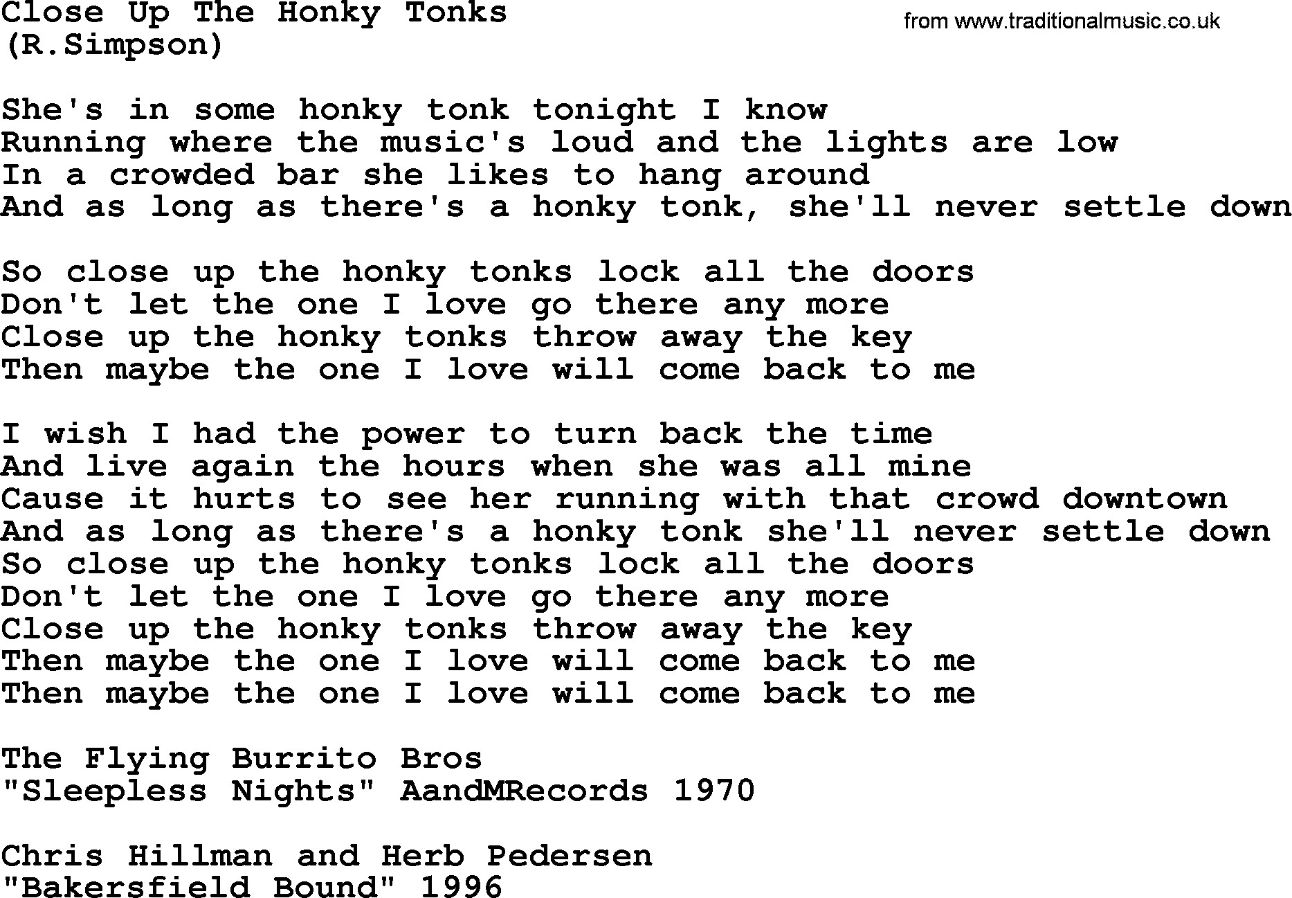 The Byrds song Close Up The Honky Tonks, lyrics