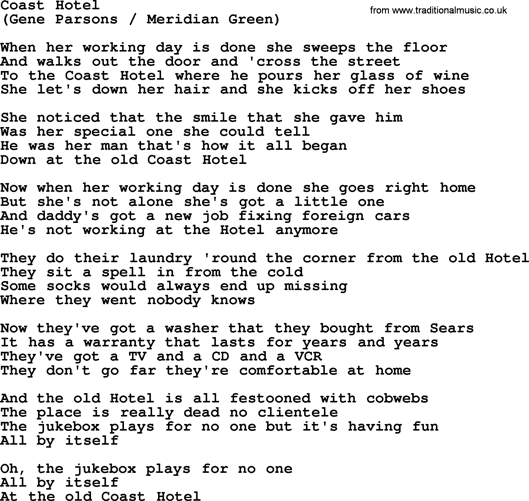 The Byrds song Coast Hotel, lyrics