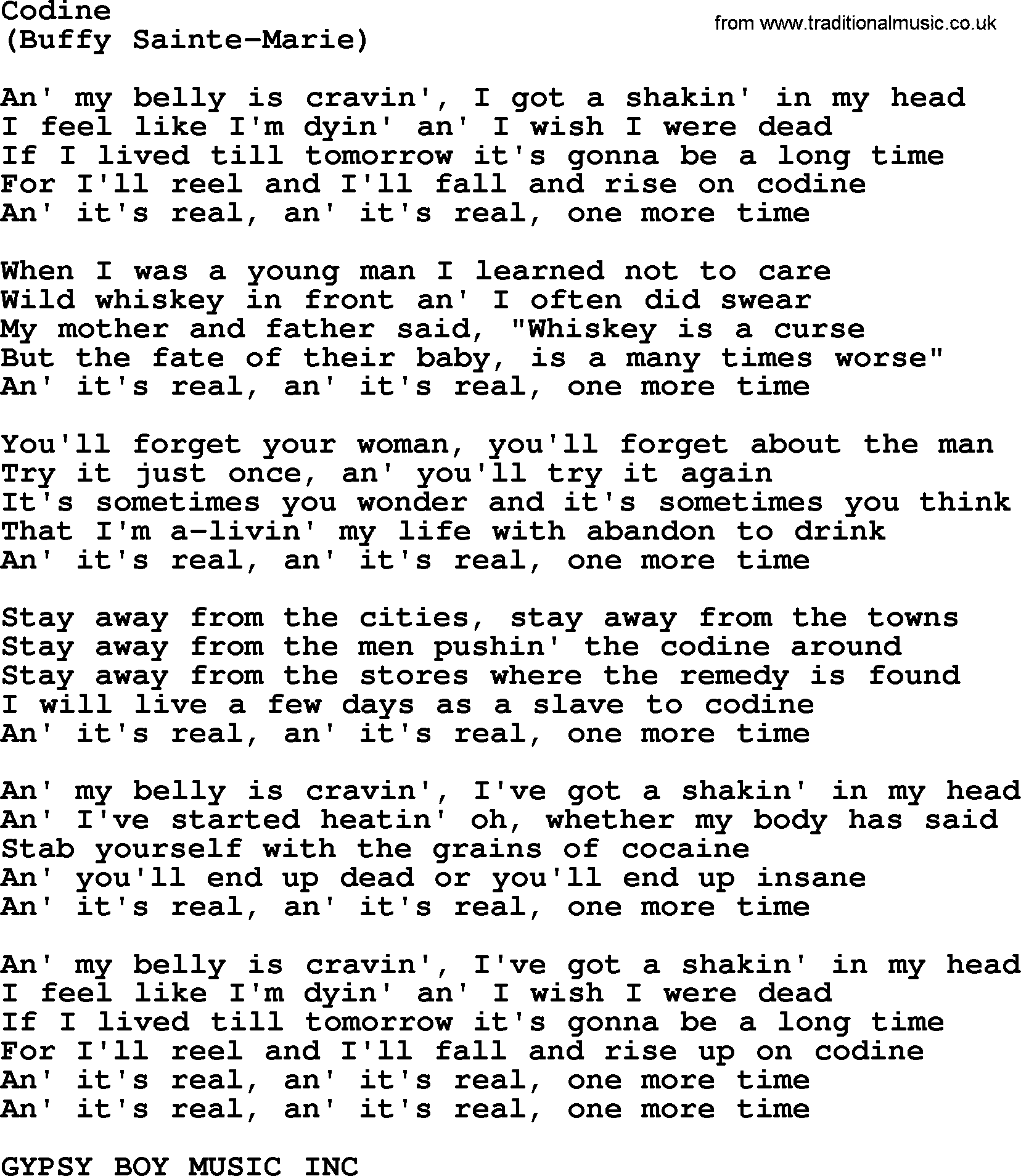 The Byrds song Codine, lyrics