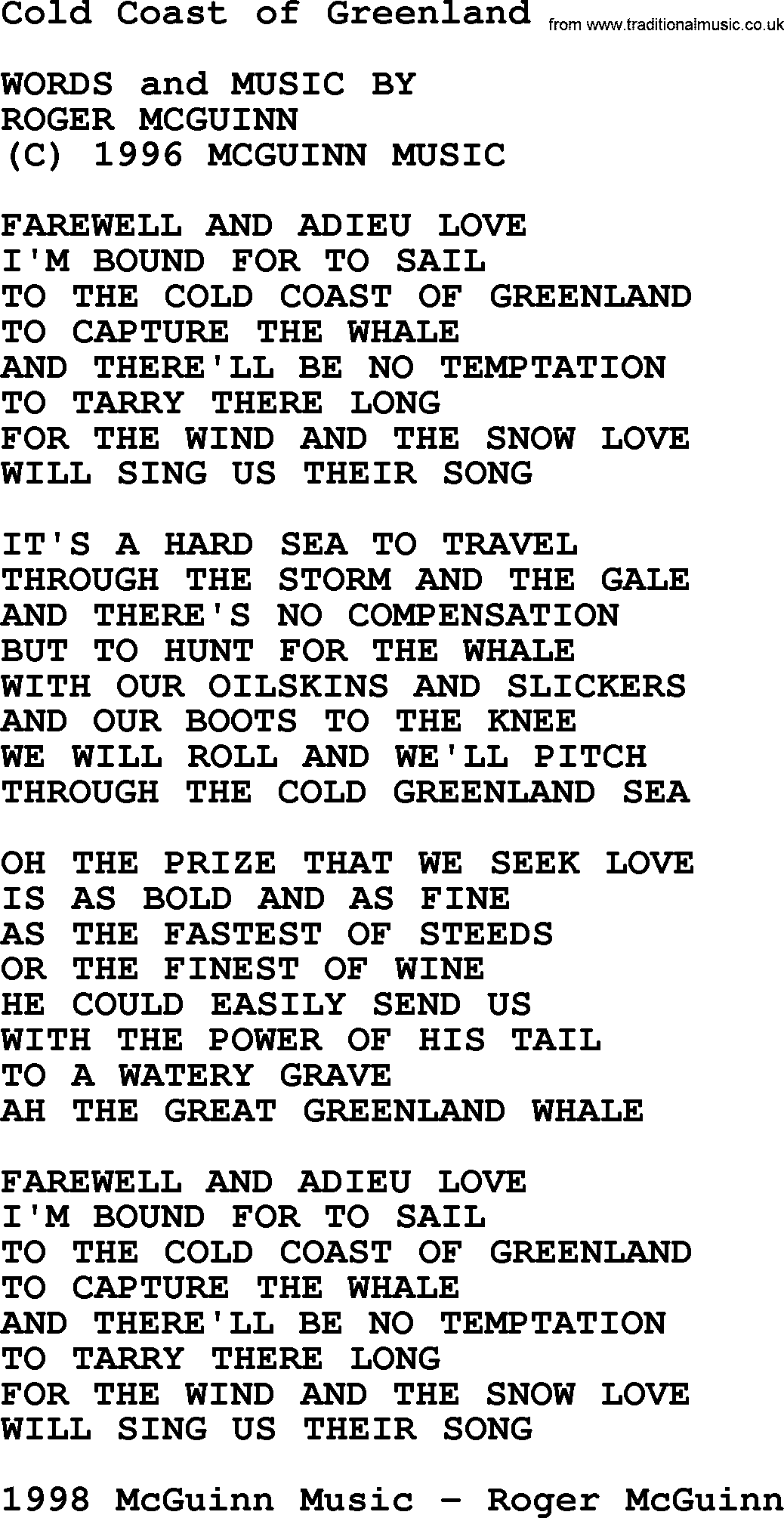 The Byrds song Cold Coast Of Greenland, lyrics