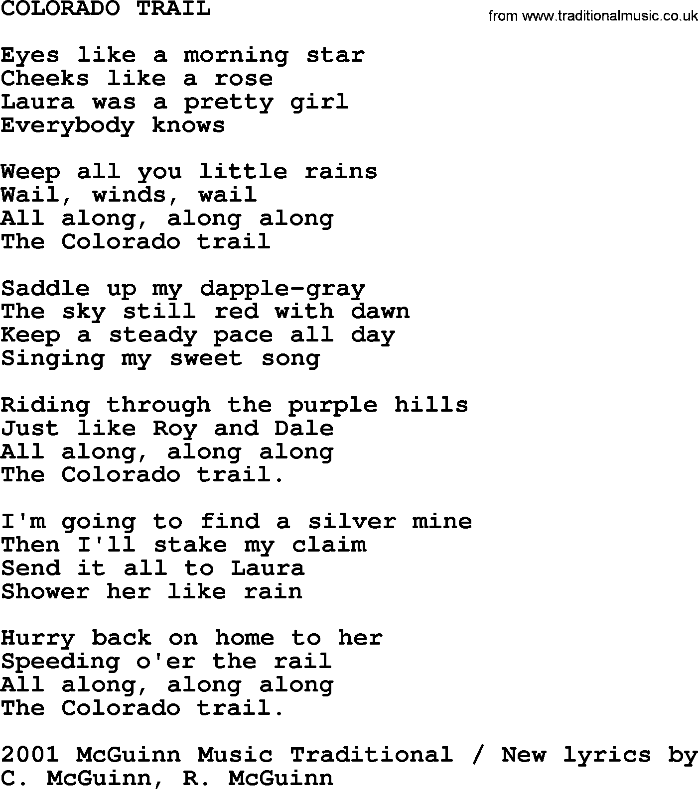 The Byrds song Colorado Trail, lyrics