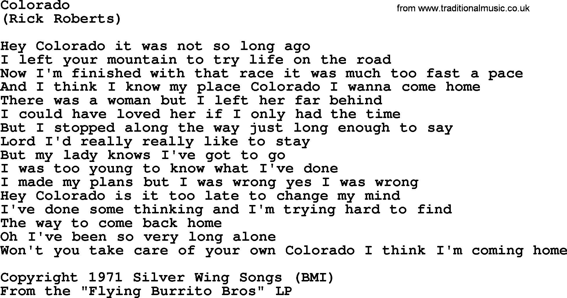 The Byrds song Colorado, lyrics