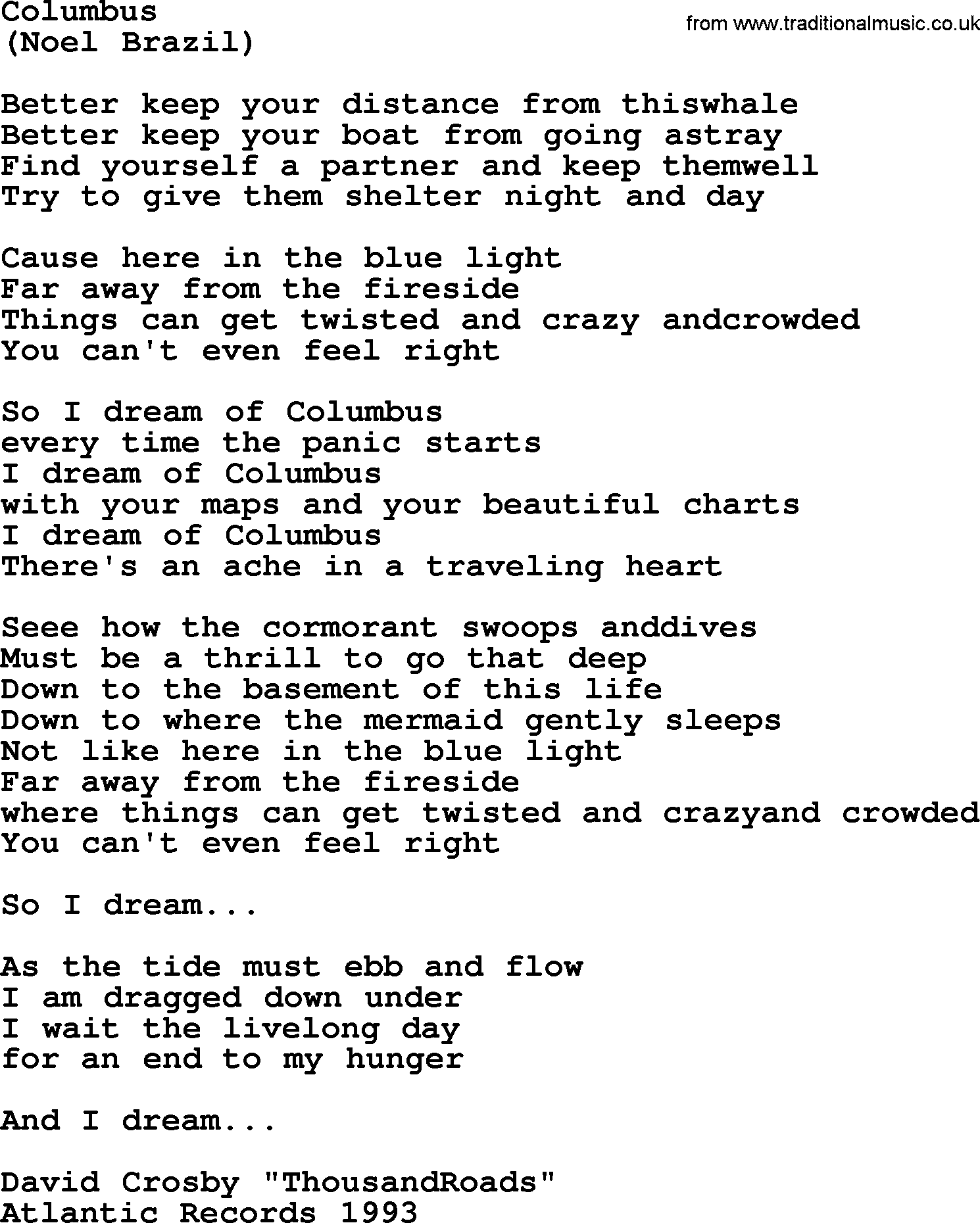 The Byrds song Columbus, lyrics