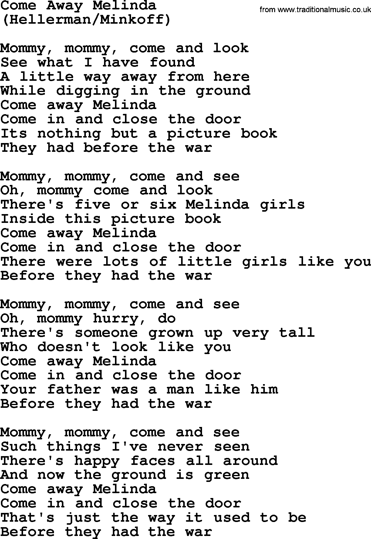 The Byrds song Come Away Melinda, lyrics