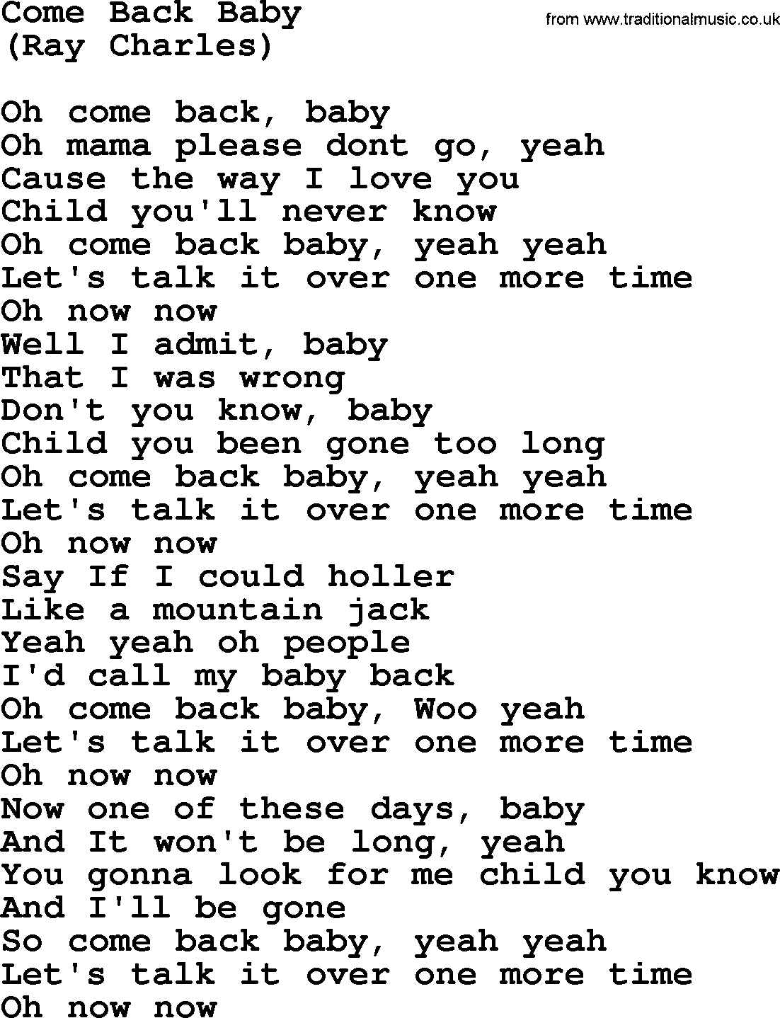 The Byrds song Come Back Baby, lyrics