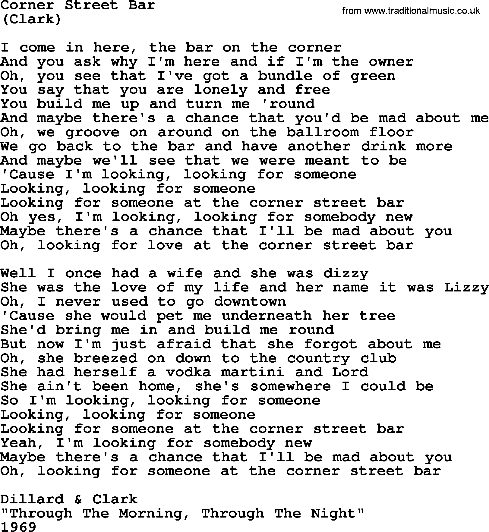The Byrds song Corner Street Bar, lyrics