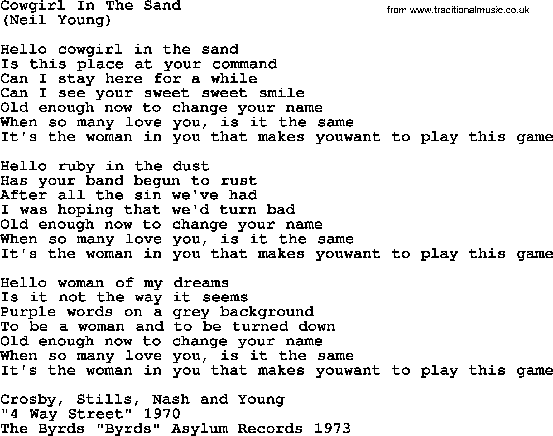 The Byrds song Cowgirl In The Sand, lyrics