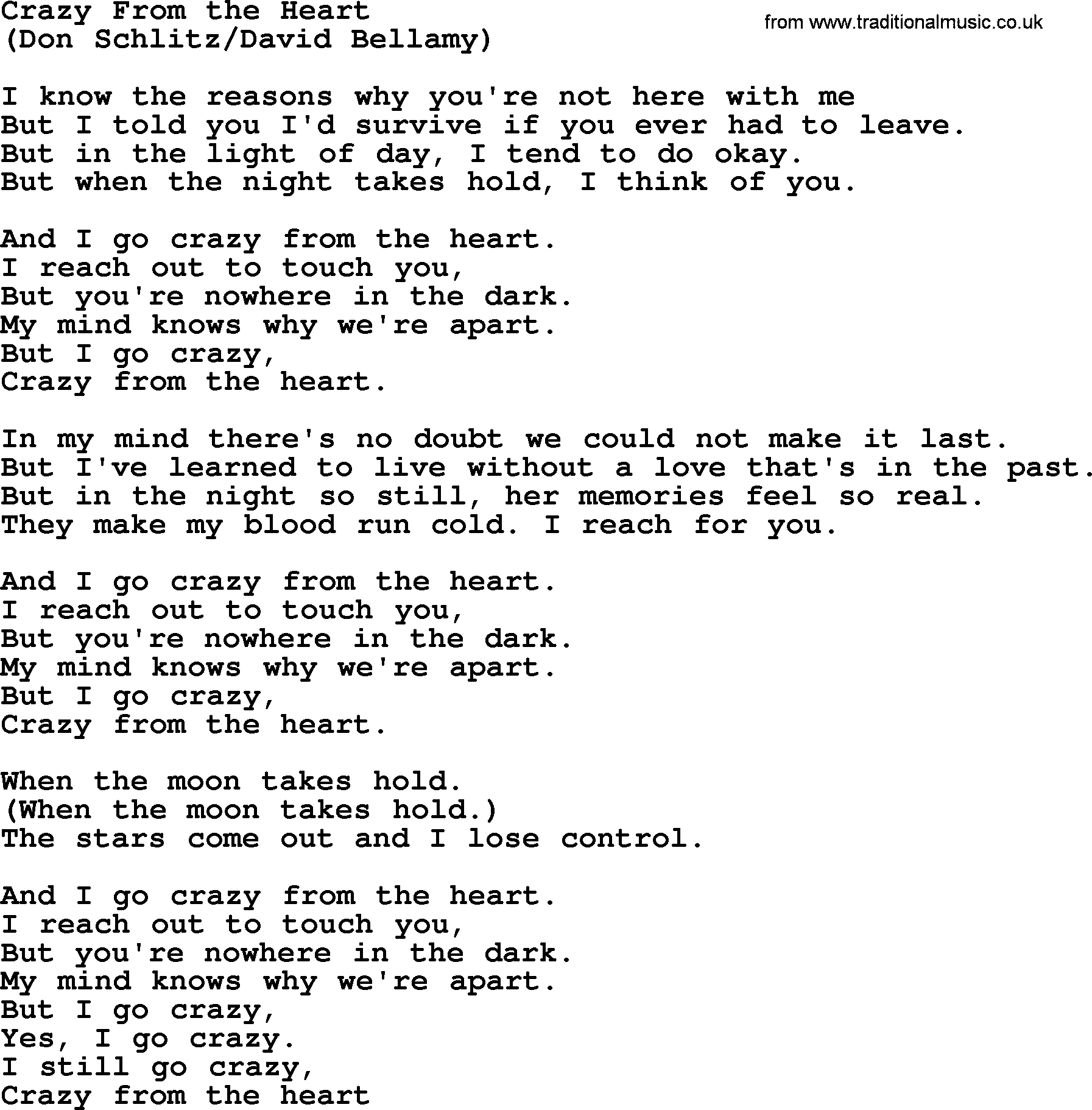 The Byrds song Crazy From The Heart, lyrics