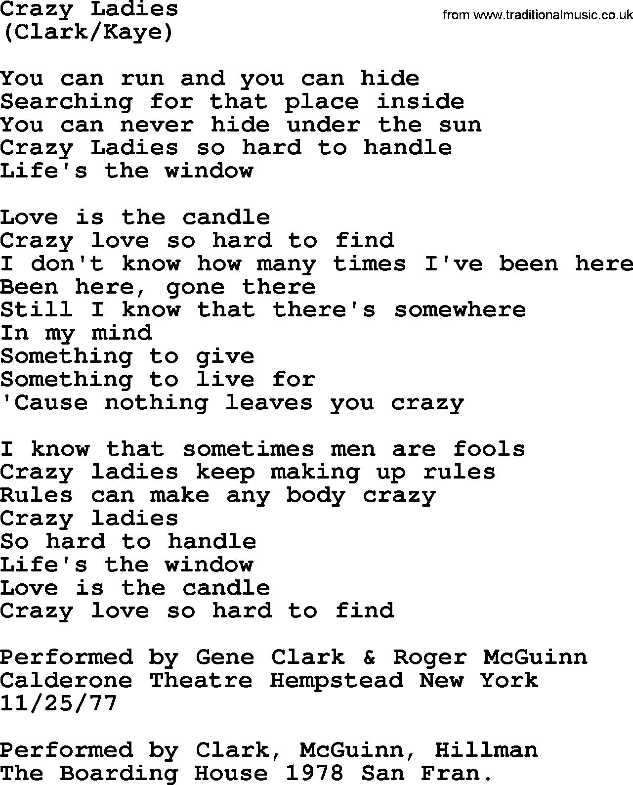 The Byrds song Crazy Ladies, lyrics