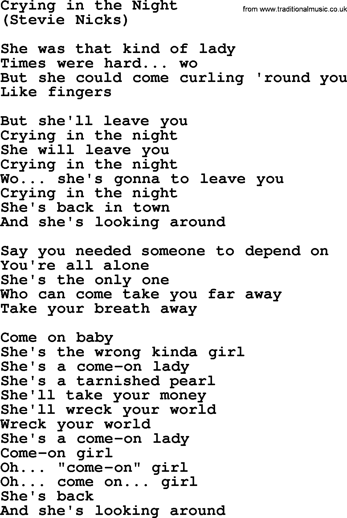 The Byrds song Crying In The Night, lyrics