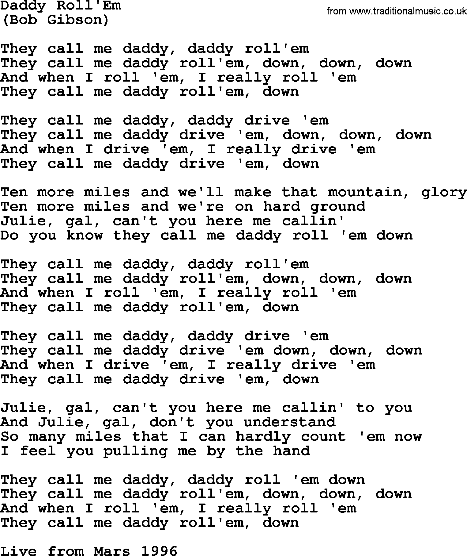 The Byrds song Daddy Roll'em, lyrics