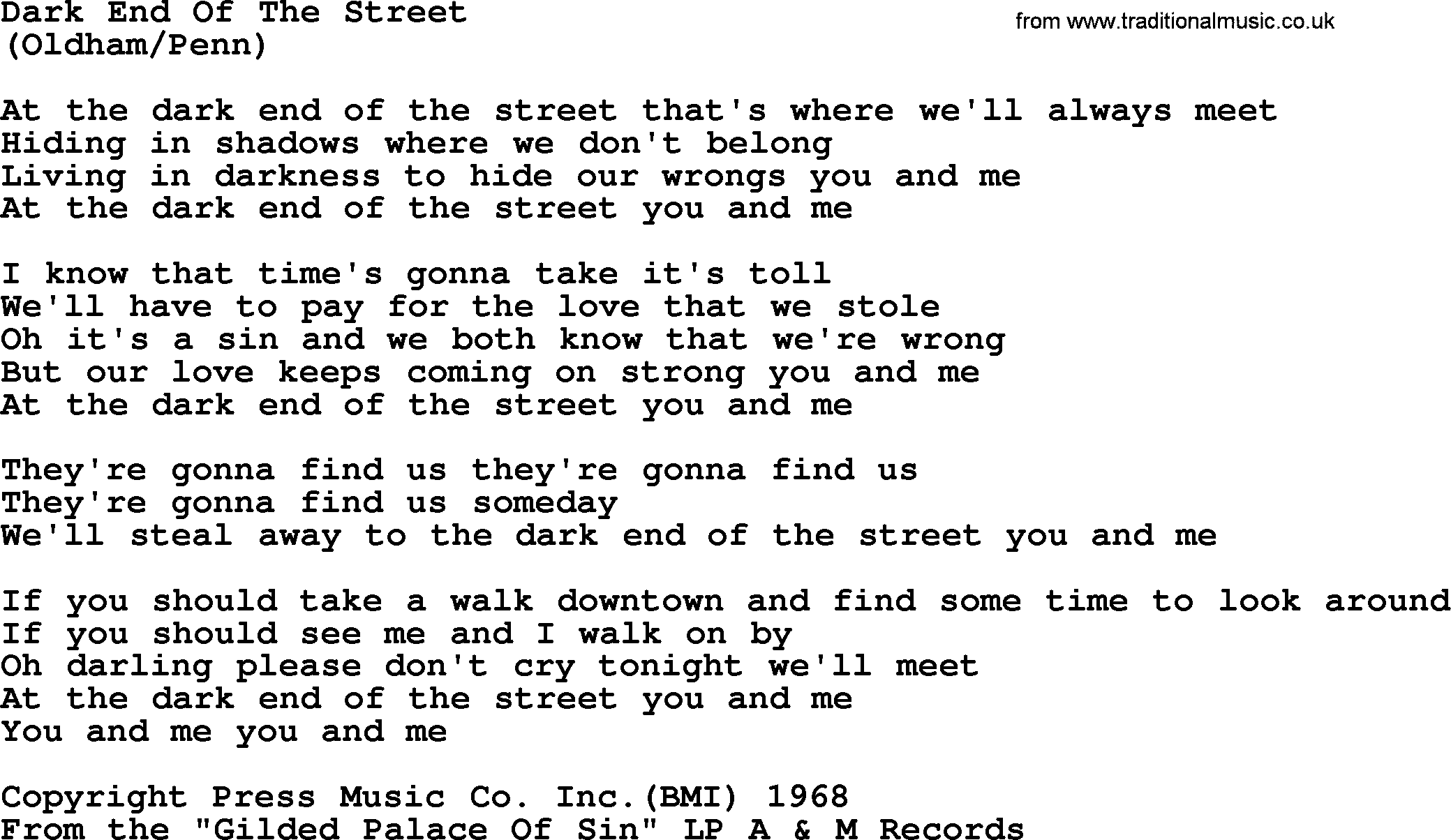 The Byrds song Dark End Of The Street, lyrics